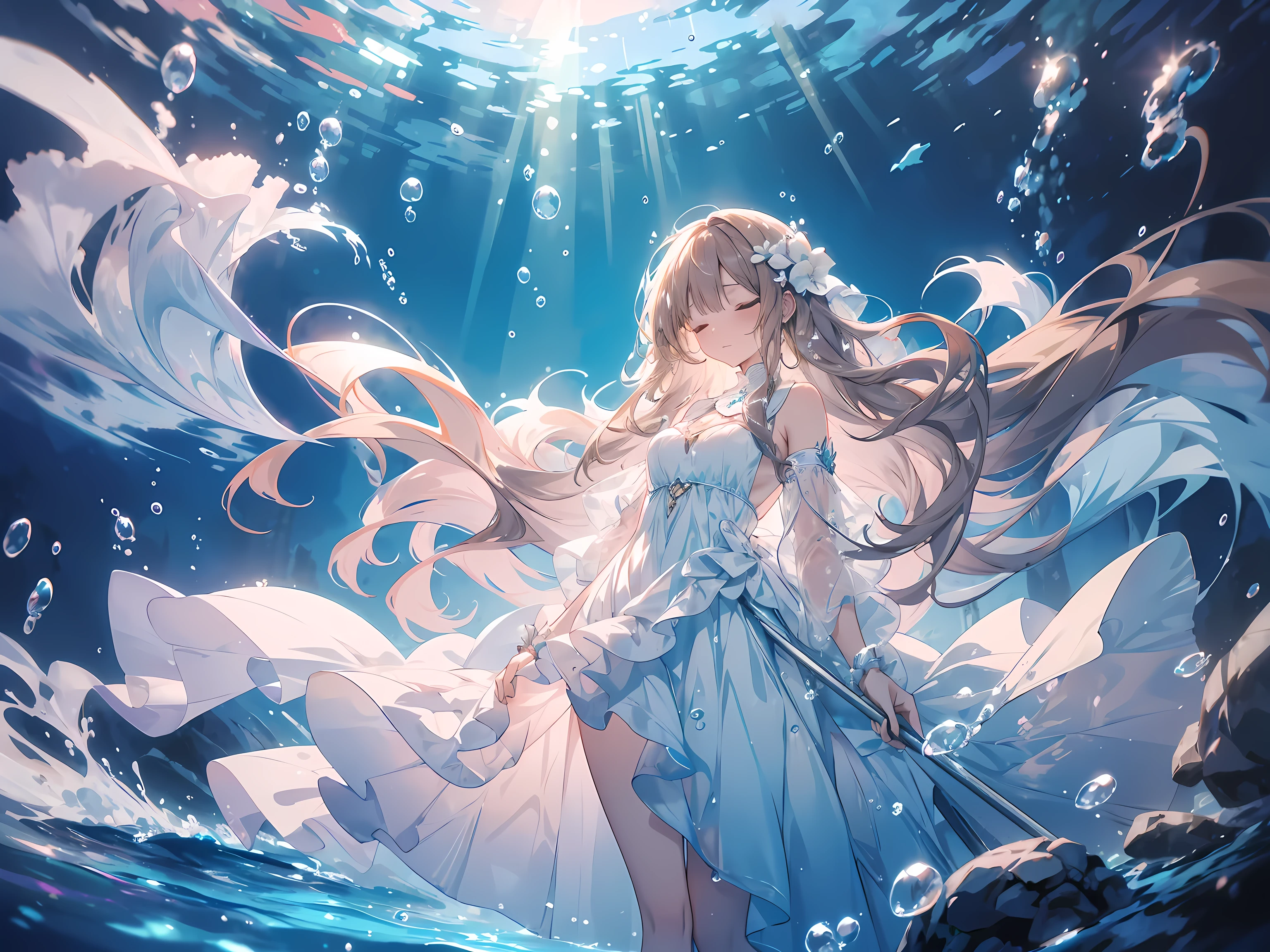 an artwork of a woman in white dress and flowing white hair under water, 1girl, dress, underwater, solo, long hair, closed eyes, brown hair, air bubble, barefoot, bubble