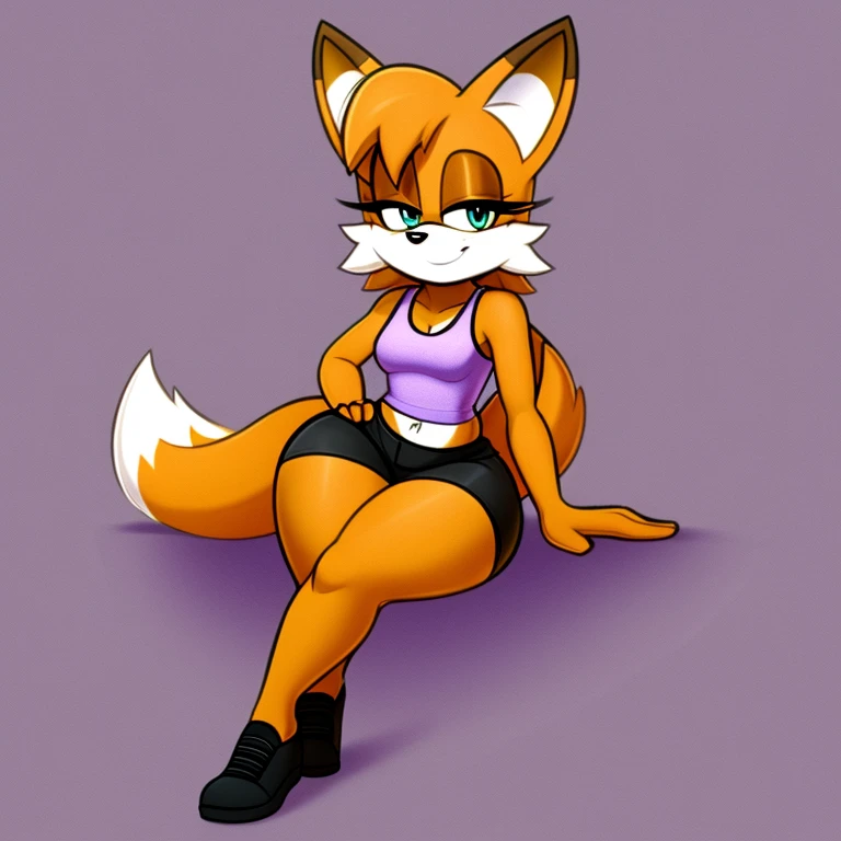 Female, Mobian, fox, smile, small breasts, wearing purple tank tops, wearing black shorts, has thick thighs, sitting down and doing a pin up pose,