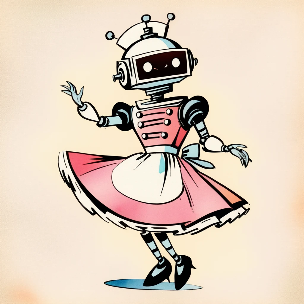 Rosie the Robot in a maid outfit, (vintage comic, The Jetsons style reference) dancing stanky boogie, 1960's rich color grading for shading depth, 1940's watercolor background
