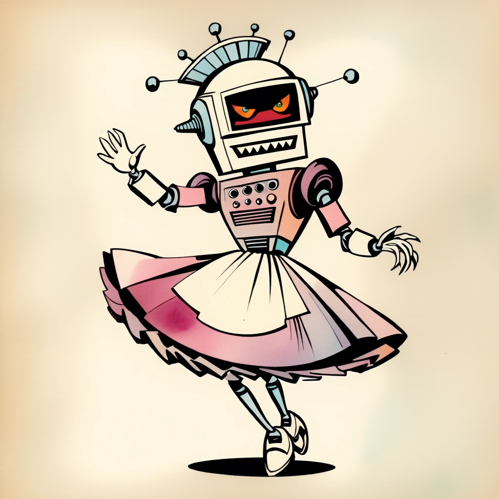 Rosie the Robot in a maid outfit, (vintage comic, The Jetsons style reference) dancing stanky boogie, 1960's rich color grading for shading depth, 1940's watercolor background
