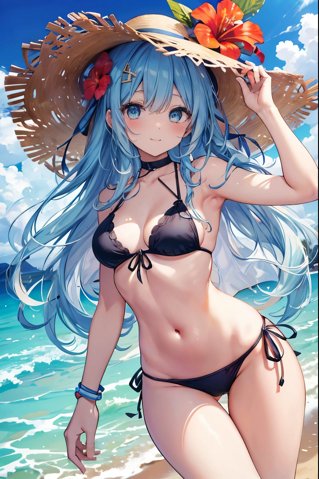 Tropical Dream Bud,Tropical Dream Bud　sss Dynazenon ,Brown Hair,Long Hair,Green Eyes,Big straw hat,smile,blush,Hibiscus hair accessory,Blue bikini swimsuit,barefoot,ビーチのSandy Beachを散歩しながら,Sky blue hair swaying in the wind,Sandy Beachに座ってる,
Take a break outdoors, Sandy Beach,Destroy the beach (masterpiece:1.2), highest quality, High resolution, unity 8k wallpaper, (shape:0.8), (Narrow and beautiful eyes:1.6), Highly detailed face, Perfect lighting, Highly detailed CG, (Perfect hands, Perfect Anatomy),