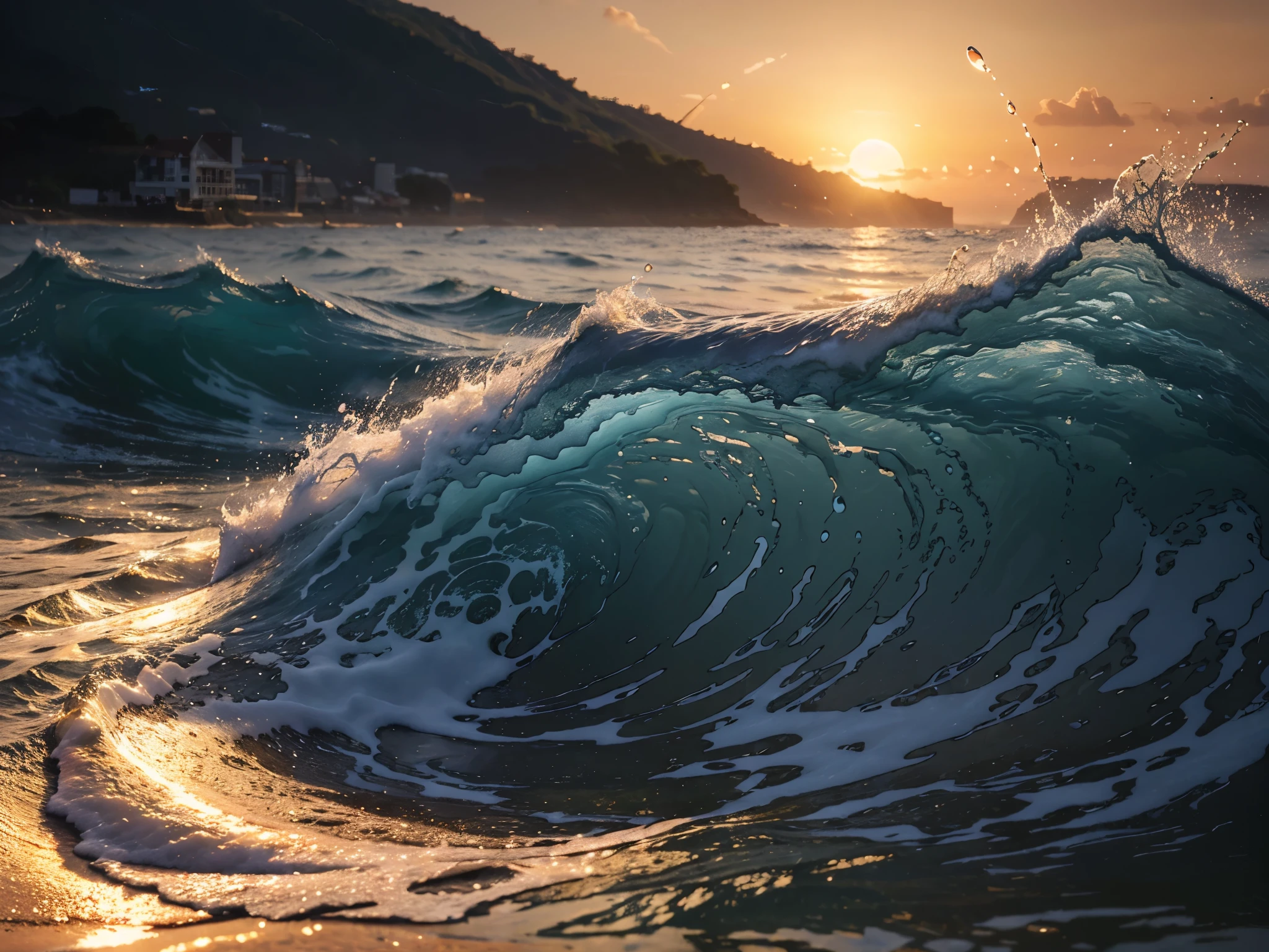 Masterpiece, Best Quality, (8k Very Detailed CG Unit Wallpaper) (Best Quality), (Best Illustration), (Best Shade) Blue Waves, Bright Orange AOL Sunset Through the Waves, Golden Water Drops Flying, (:1.6)