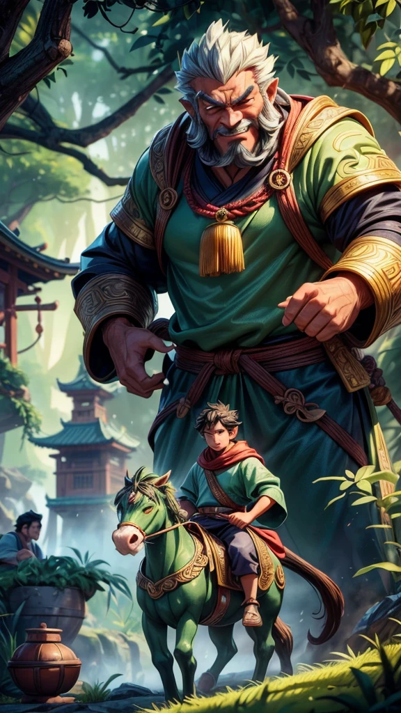 1boy, 3boys, three monks riding horses, sun wukong, sha wujing, zhu bajie, chinese mythology, journey to the west, detailed fantasy landscape, lush green forest, mountains in the background, dramatic lighting, intricate character designs, highly detailed faces and expressions, traditional chinese architecture, ornate robes and attire, magical elements, (best quality,4k,8k,highres,masterpiece:1.2),ultra-detailed,(realistic,photorealistic,photo-realistic:1.37),cinematic composition,dramatic lighting,vibrant colors,fantasy art