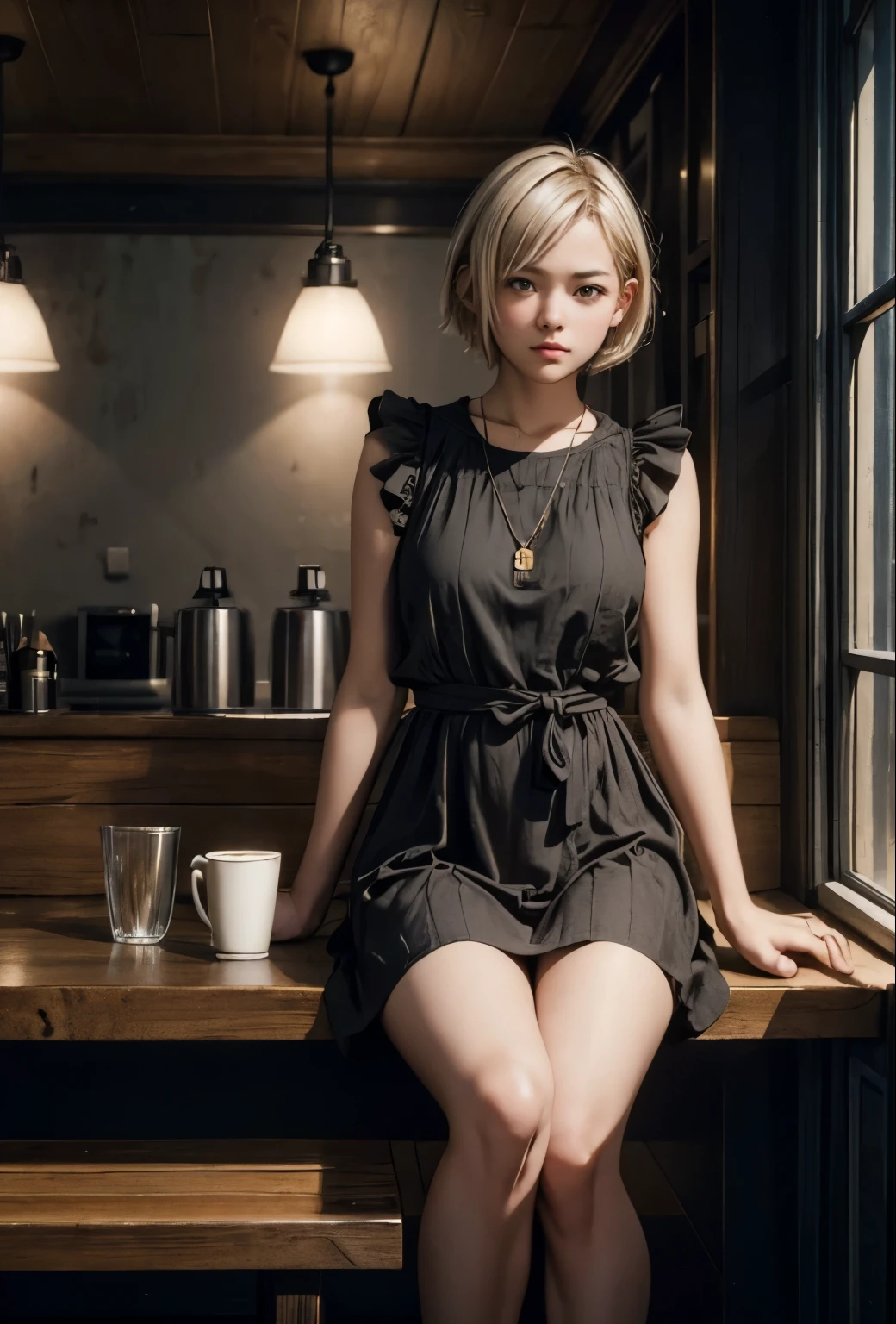 realistic photo of teenage girl, 16 year old, short blonde hair, she is wearing a hipster dress, electrifying eyes, flat stomach, thin waist, wide hips sitting in a cafe, detailed face, detailed, high resolution, realistic, photorealistic, full body, head to toe, legs, matte skin, by, cinematic photorealistic, natural lighting 8k uhd, RAW, rich, intricate details, key visual, atmospheric lighting, 35mm photography, film, Bokeh, Professional, 4k, highly detailed. Shallow Depth of Field, Vignette, Highly Detailed, High Budget, Bokeh, Cinemascope, Moody, Epic, Wonderful, Film Grain, Grainy, 8k Quality, RAW Photo, by Professional Photographer, Rule of Thirds, Extremely Detailed