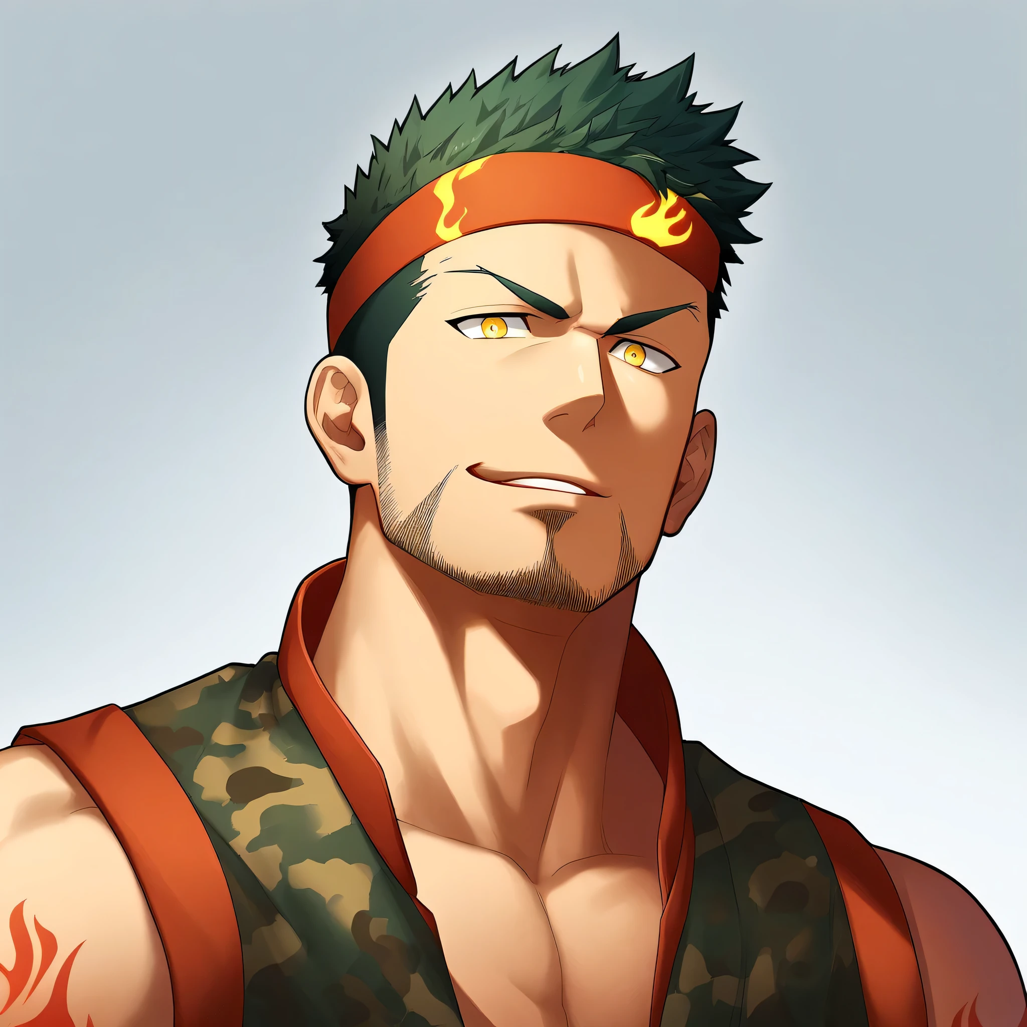 anime characters:Gyee, priapus, 1 young muscular man, male focus, Flame tattoo, sports Red headband, Camouflage sleeveless vest, muscular male, muscular, only, Upper body, alone, Black short hair, Thick eyebrows, stubble, Yellow eyes, White background, simple background, amazing quality, best aesthetics, Ridiculous, bright pupils, crew cut, naughty face, torogao, parted lips, best quality