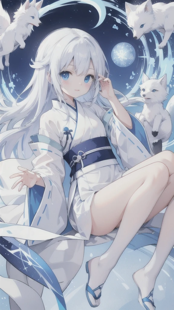 arctic fox,White and blue Hanfu,blue eyes