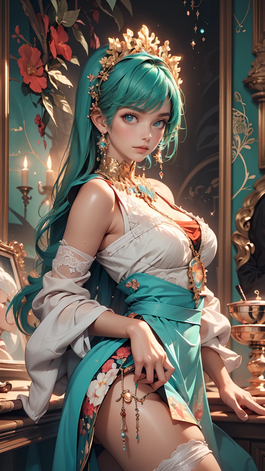 (masterpiece, highest quality, highest quality, Official Art, Beauty and aesthetics: 1.2), (One girl: 1.3), (Fractal Art: 1.3), Bright aqua blue eyes, Wear sexy and erotic clothes、Too much exposed skin