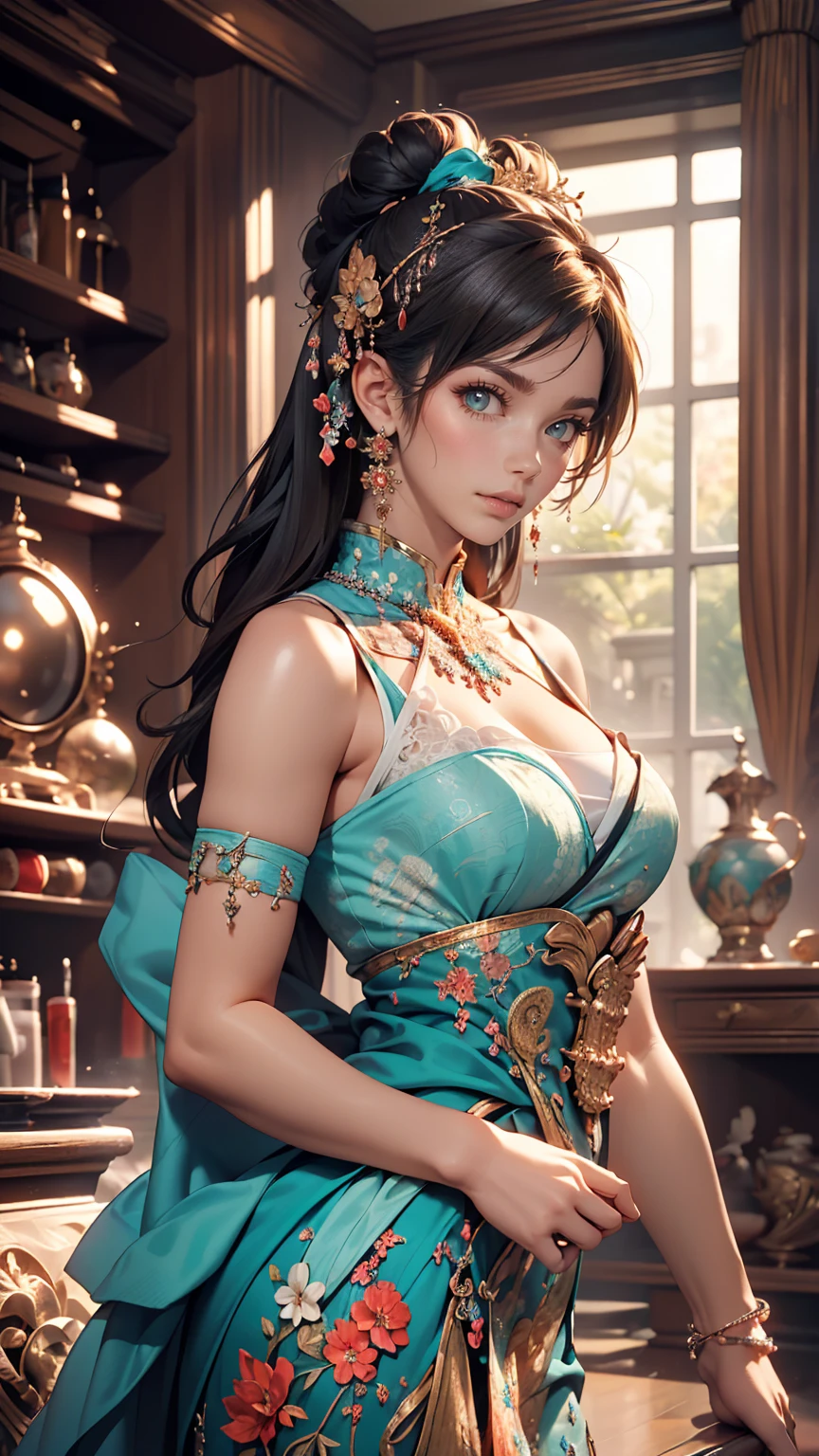 (masterpiece, highest quality, highest quality, Official Art, Beauty and aesthetics: 1.2), (One girl: 1.3), (Fractal Art: 1.3), Bright aqua blue eyes, Wear sexy and erotic clothes、Too much exposed skin