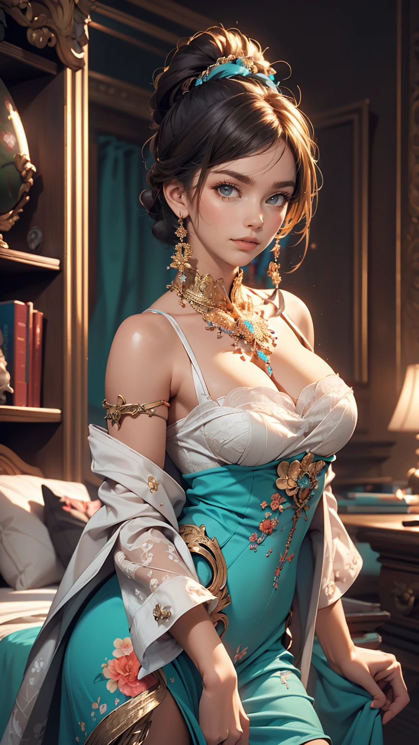 (masterpiece, highest quality, highest quality, Official Art, Beauty and aesthetics: 1.2), (One girl: 1.3), (Fractal Art: 1.3), Bright aqua blue eyes, Wear sexy and erotic clothes、Too much exposed skin
