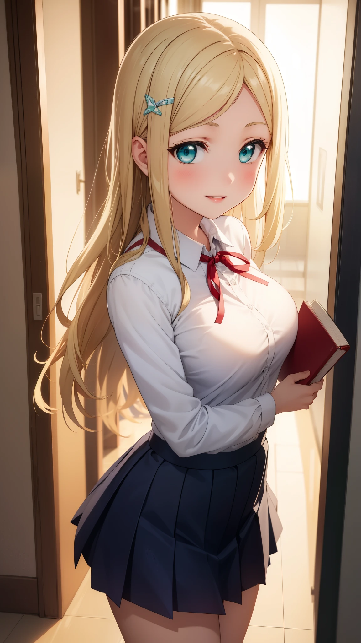 masterpiece, best quality, highly detailed, ultra high res, ayase arisa, 1girl, solo, hair ornament, long blonde hair, glossy lips, medium breasts, aqua eyes, light smile, school, hallway, white button-up shirt, pleated miniskirt, school neck ribbon, otonokizaka high school, holding textbook