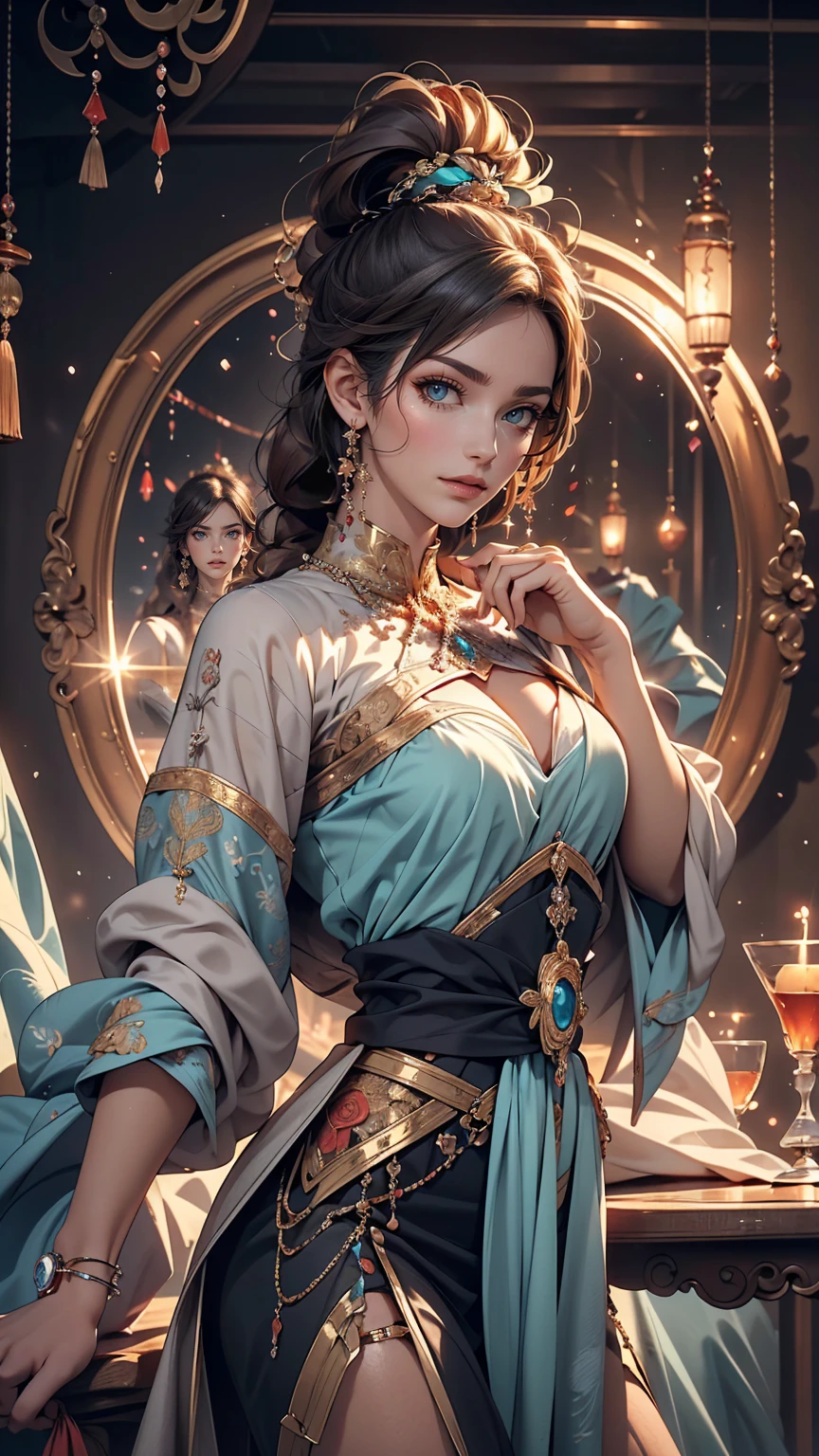 (masterpiece, highest quality, highest quality, Official Art, Beauty and aesthetics: 1.2), (One girl: 1.3), (Fractal Art: 1.3), Bright aqua blue eyes, Wear sexy and erotic clothes、Too much exposed skin