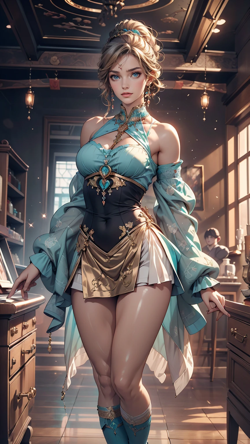 (masterpiece, highest quality, highest quality, Official Art, Beauty and aesthetics: 1.2), (One girl: 1.3), (Fractal Art: 1.3), Bright aqua blue eyes, Wear sexy and erotic clothes、Too much exposed skin