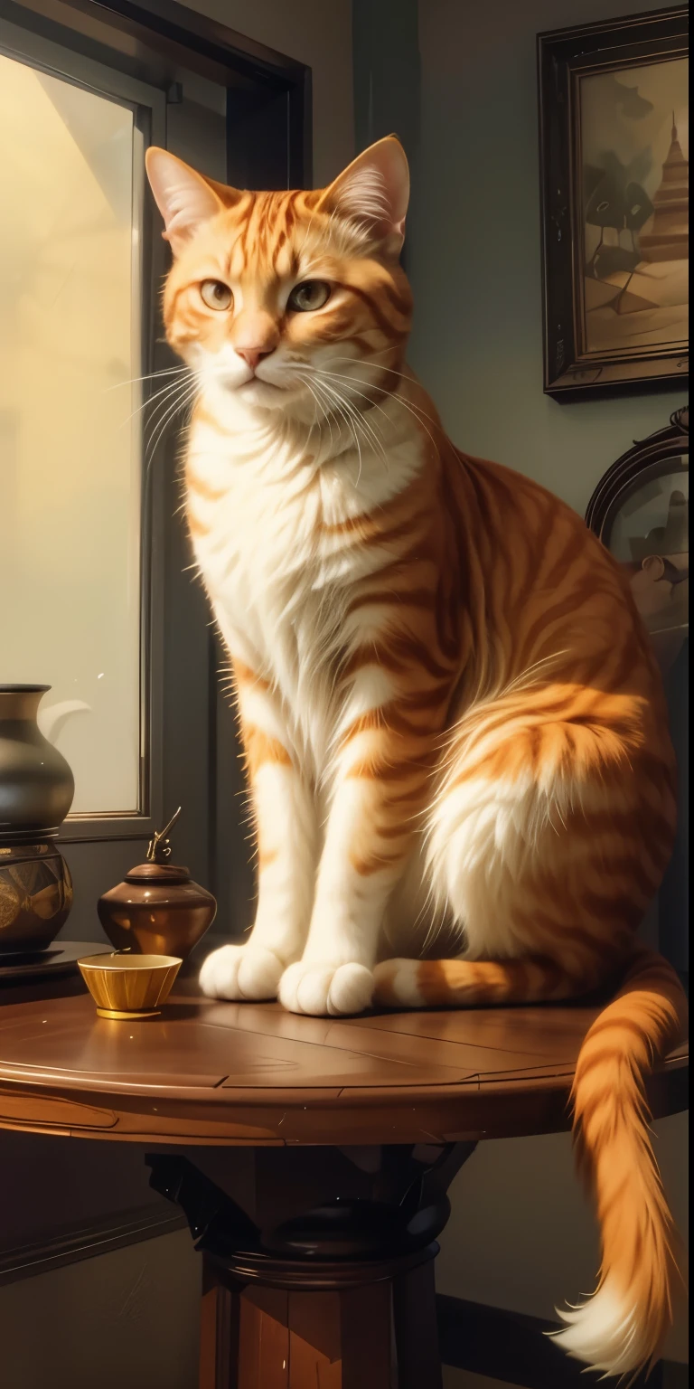 The orange cat, clear and sharp image, dehaze, perfect feline cat-like eye, narrow iris, slits eyes, amber eyes, sitting still on an antique wooden round table Thai style, his expression was curious, The walls were simple oil paints, the tone was dark, and the light catching the cat made it stand out. Watercolor art with detailed brush strokes, highlighted, dark palette, high resolution and contrast, high colour contrast, intricately textured and detailed, deep focus, depth of field, ultra quality, ink art, Pomological Watercolor,