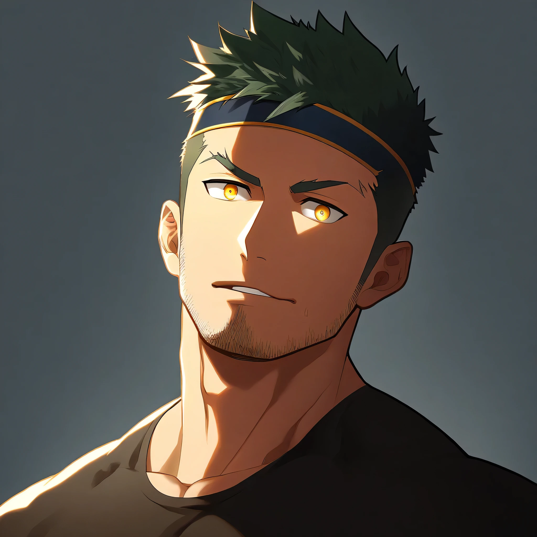 anime characters:Gyee, priapus, ung muscular man, male focus, sports Black headband, Black tight T-shirt, muscular male, muscular, only, Upper body, alone, Black short hair, Thick eyebrows, stubble, Yellow eyes, White background, simple background, amazing quality, best aesthetics, Ridiculous, bright pupils, crew cut, naughty face, torogao, parted lips, chiaroscuro, cinematic lighting, best quality