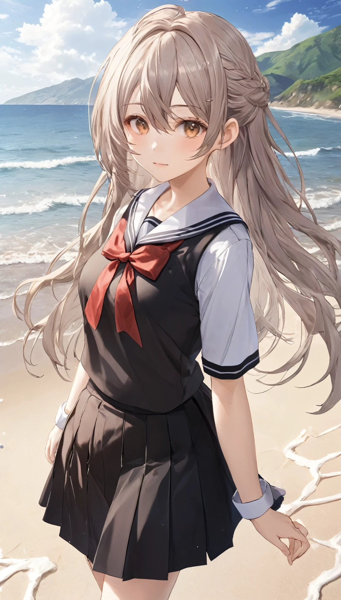 ((masterpiece)), ((highest quality)), ((High resolution)), ((Highly detailed CG Unity 8k wallpaper)), alone, tachibana kanade, Brown uniform, Black Skirt, White socks, Outdoor, face, Beach, Hanging hair, Parted hair, Silver Hair, 笑face, 