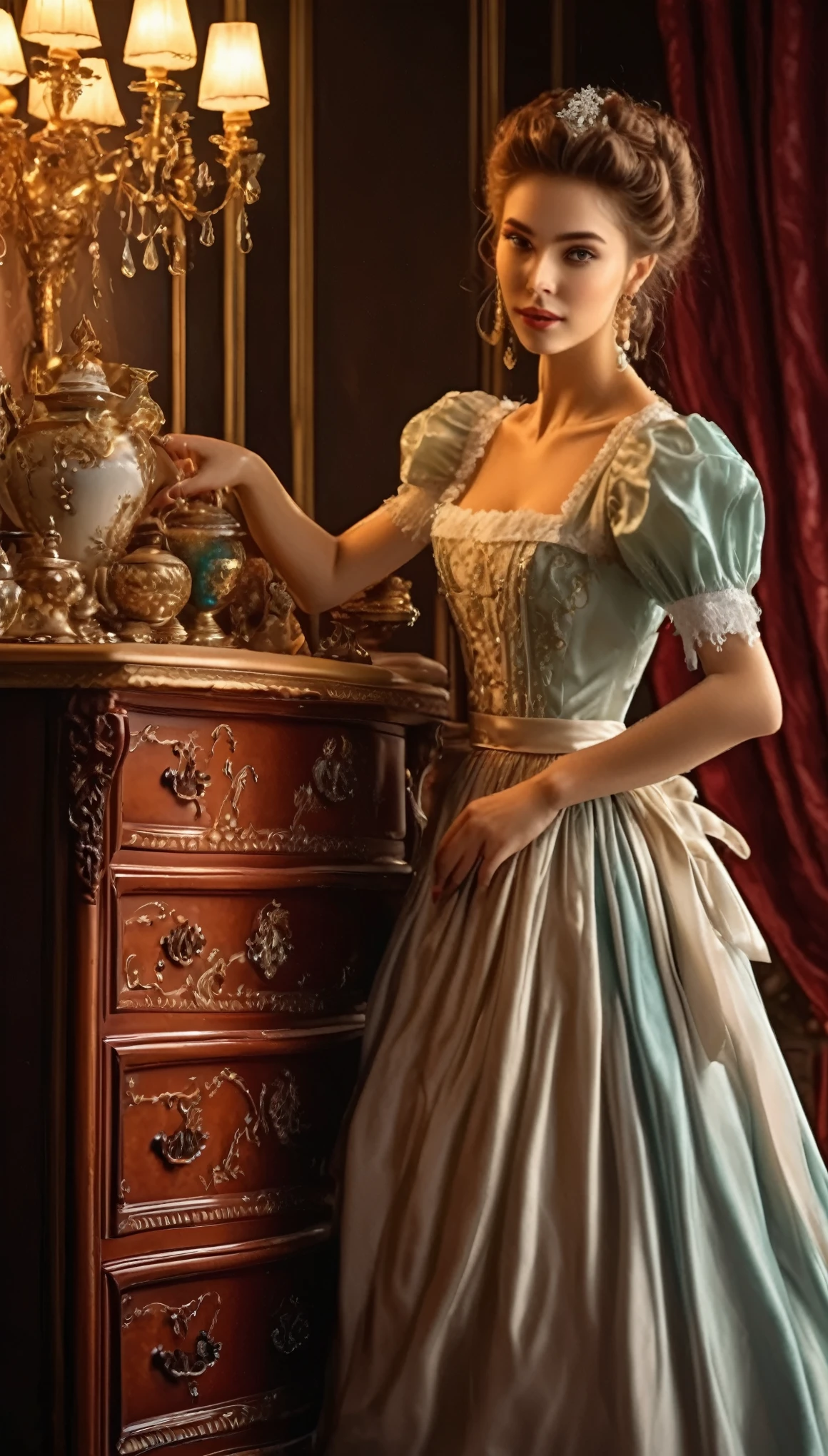 a young woman maid, hyper detailed, iridescent, idyllic, magical, dynamic pose cleaning a dresser with ornaments, (best quality,4k,8k,highres,masterpiece:1.2),ultra-detailed,(realistic,photorealistic,photo-realistic:1.37),1girl,intricate details,beautiful detailed eyes,beautiful detailed lips,extremely detailed eyes and face,longeyeleshs,elegant dress,studio lighting,professional,vivid colors,warm lighting