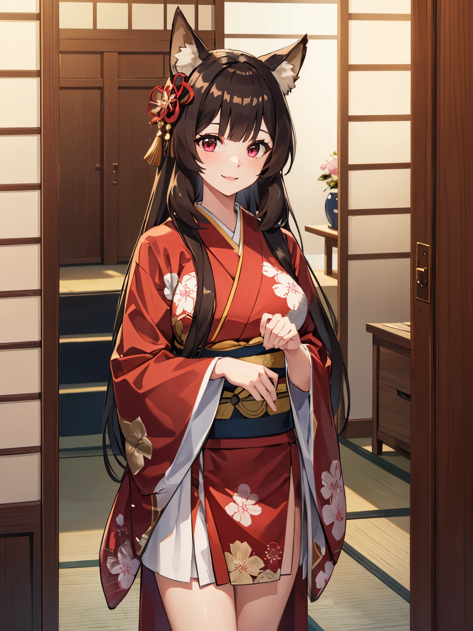 (Best quality), (extremely detailed CG Unity 8k wallpaper), (very detailed), ((absurdity)), Detailed beautiful eyes,Holding pajama clothes,
Raphtalia, Red eyes, black hair, fox tail, fox ears, 1 girl, Wearing kimono, red kimono, red kimono,smile,big breast,, Standing,, at night, Japanese house