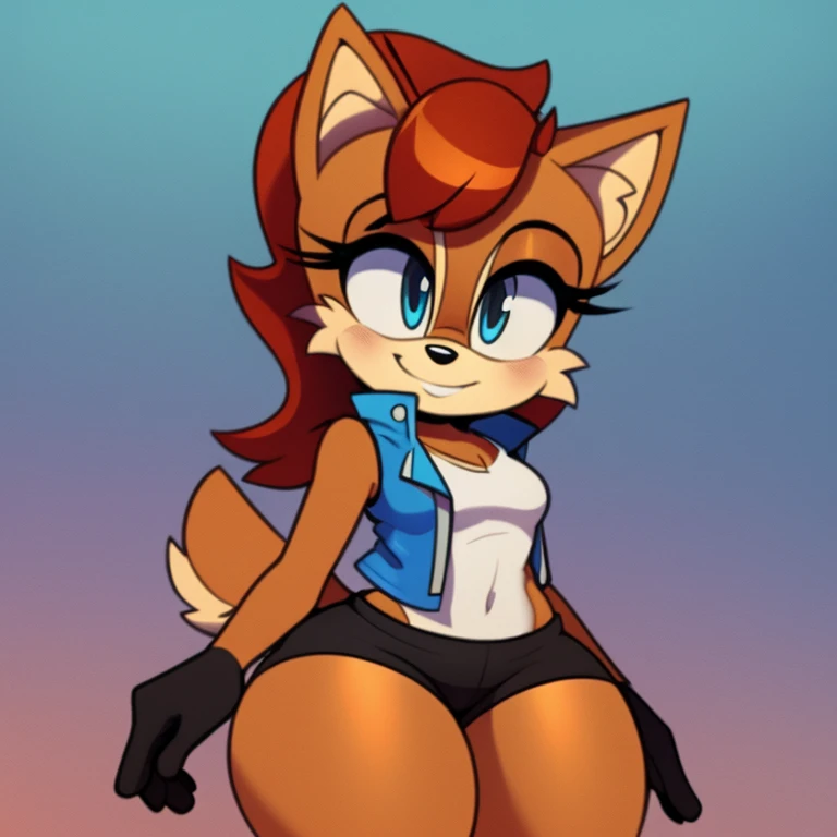 Female, Mobian, Sally Acorn, smile, small breasts, wearing blue vest, wearing black shorts, has thick thighs, fading away with pixels,