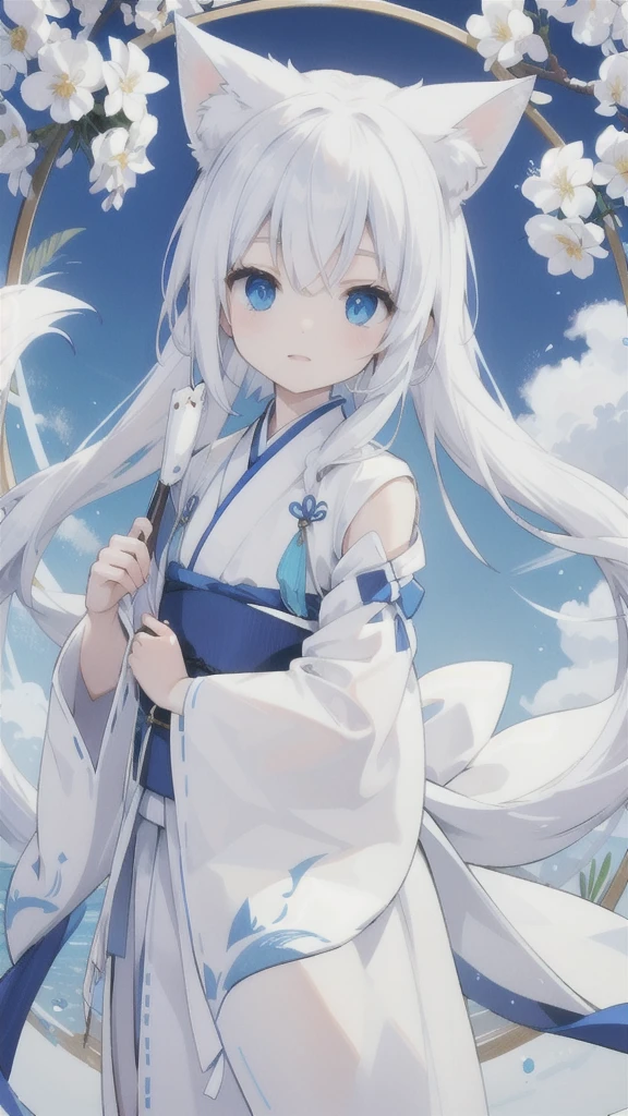 White and blue Hanfu,blue eyes,White fox ears and tail