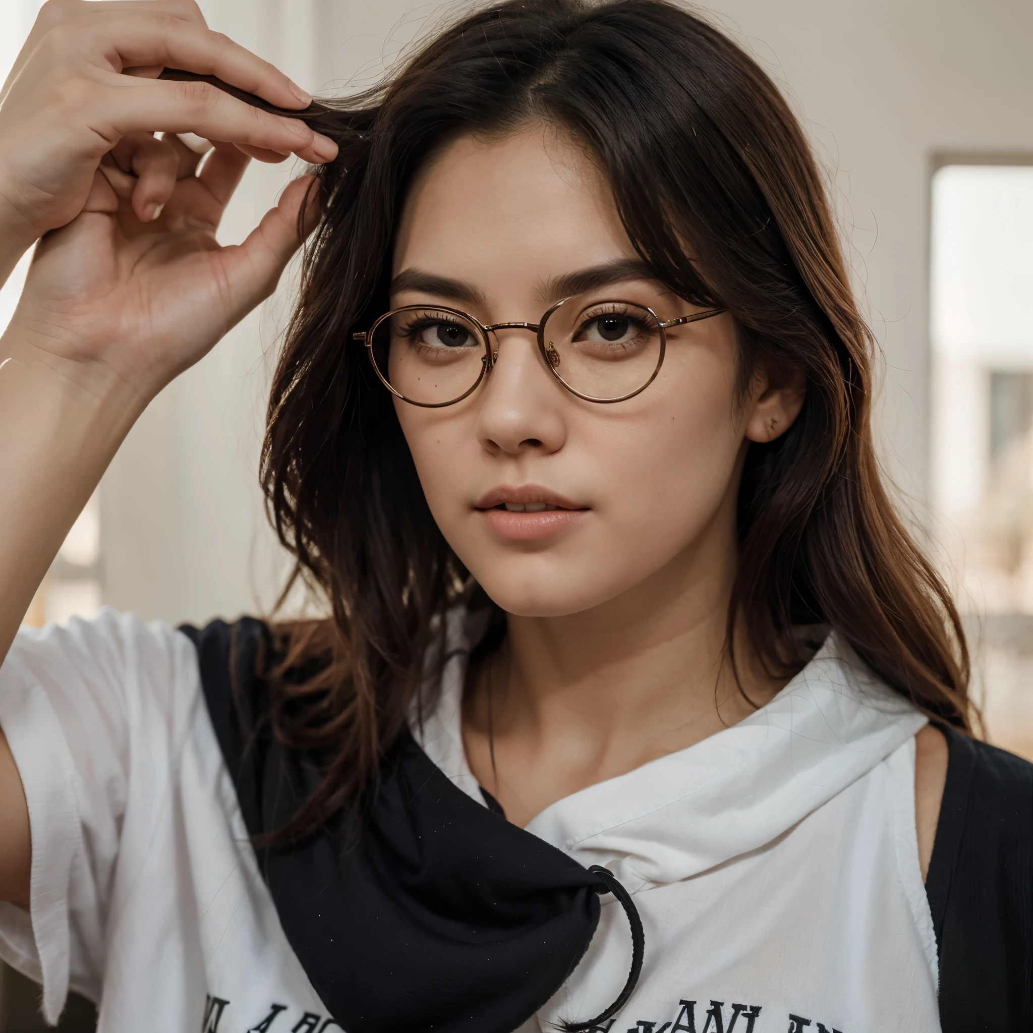 mejor calidad, obras, (realista: 1,2), cara de hwang hyunjin, pelo medio largo, ondulado y rubio, con lentes redondos.