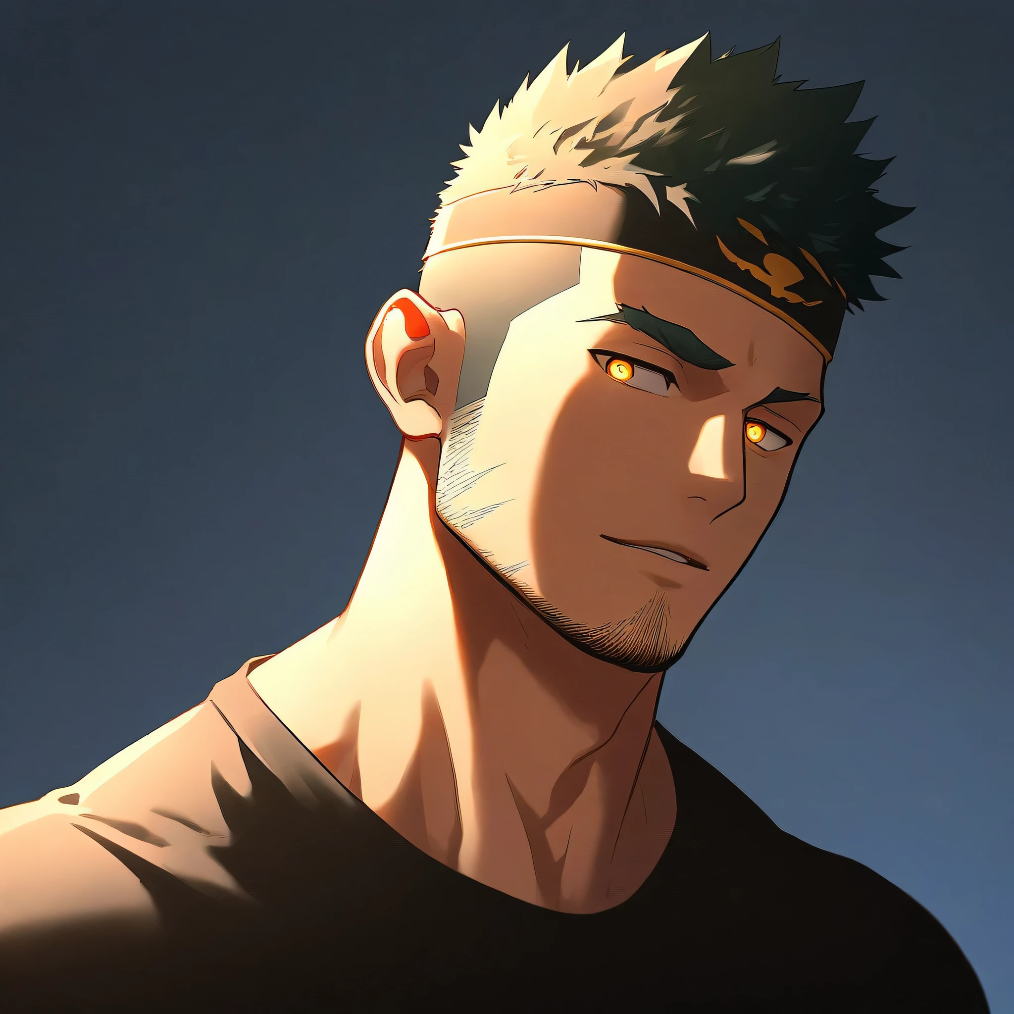 anime characters:Gyee, priapus, 1 young muscular man, male focus, sports Black headband, Black tight T-shirt, muscular male, muscular, only, Upper body, alone, Black short hair, Thick eyebrows, stubble, Yellow eyes, White background, simple background, amazing quality, best aesthetics, Ridiculous, bright pupils, crew cut, naughty face, torogao, parted lips, chiaroscuro, cinematic lighting, best quality