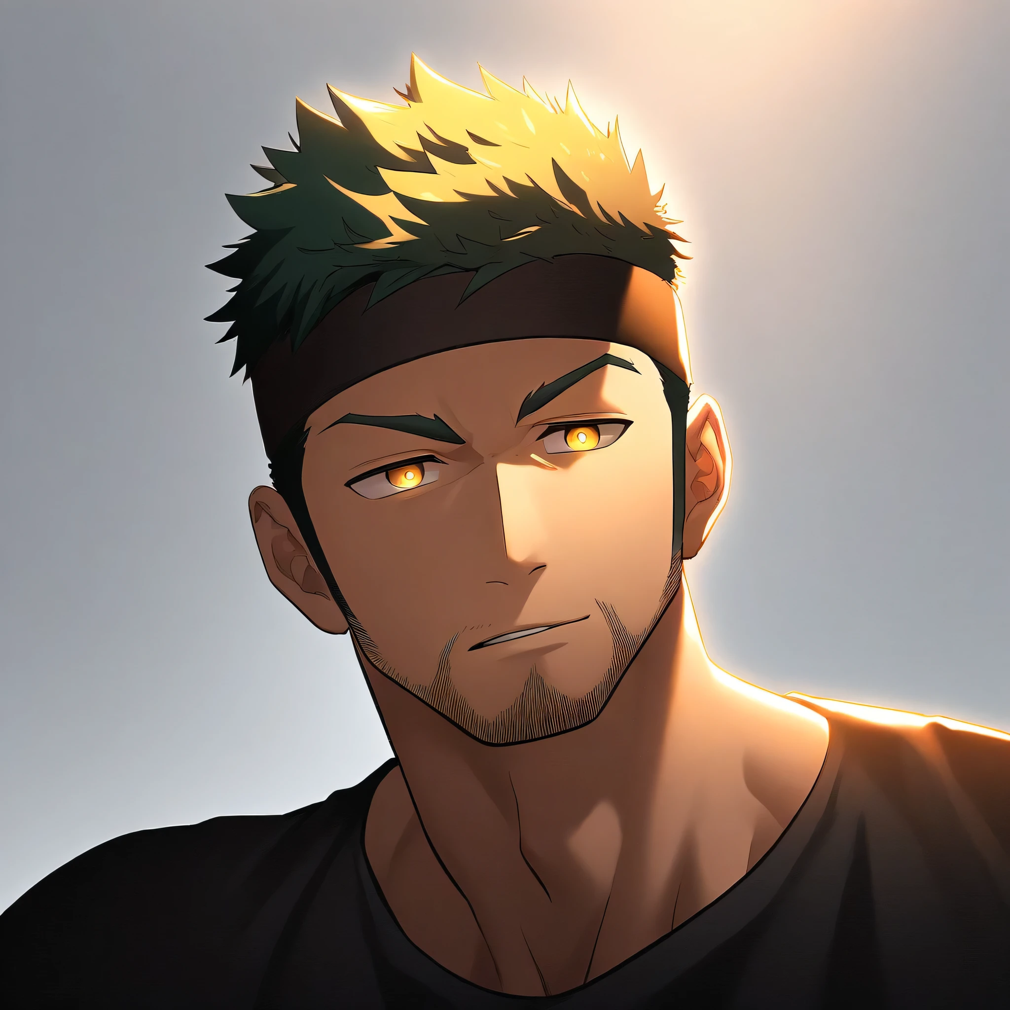 anime characters:Gyee, priapus, ung muscular man, male focus, sports Black headband, Black tight T-shirt, muscular male, muscular, only, Upper body, alone, Black short hair, Thick eyebrows, stubble, Yellow eyes, White background, simple background, amazing quality, best aesthetics, Ridiculous, bright pupils, crew cut, naughty face, torogao, parted lips, chiaroscuro, cinematic lighting, best quality