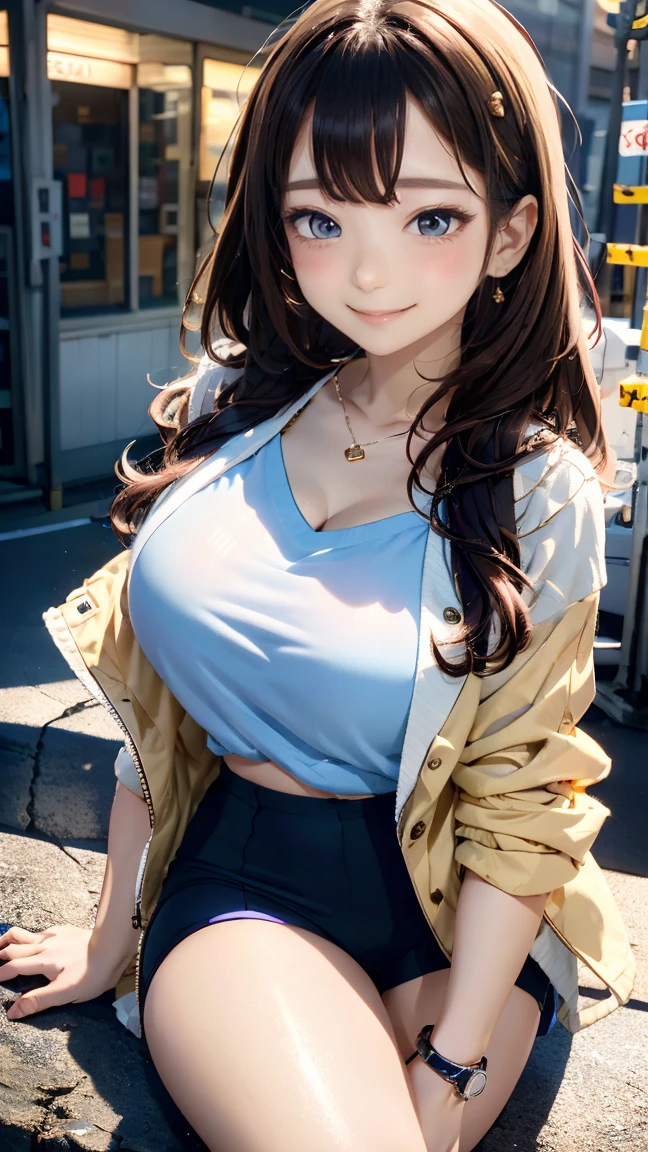 ((((highest quality)))), (((Ultra-precision CG 16K))), (((masterpiece))), (((Very detailed))), (((Extremely detailed))), (((Black outline:1.3, Written boundary depth:1.3 , Written soft outline))), Blur, Bokeh, Maximum clarity and sharpness,Multilayer Texture, Surface Shading, Cinematic lighting, Beautiful details sparkle ,Perfect Proportions, Limited to one woman, BREAK accurate, Anatomically correct, Highly detailed face and skin texture, drawn in detail, Highly detailed facial and skin texture, Detailed eyes, beautiful hair, Beautiful Japanese Idol face, Beautiful and beautiful eyes, Beautiful body, Beautiful breasts, Beautiful thighs, Beautiful legs, Beautiful fingers, (Beautiful views) , skinny body, ((Beautiful Skin)), ((Skin Texture)) BREAK breast enlarged, large Breasts, perky , (blush, smiling:1.3, brown eyes, pink cheek, Double eyelids, Thin eyebrows, narrow eyes:1.3, Natural cheeks, Glossy skin, Fair skin:1.2, (Glossy lips:1.4, shiny lips: 1.4 ), high school student, Attractive adult woman ) , twin braid, Long Hair, Striped Hair, Hair Intake, Inner hair color, BREAK (sports-casual, wearing outerwear outfits to button up) , nail art, necklace, Bridal Ring, wearing a watch BREAK (on all four:1.3, Stretching:1.3, sitting), cowboy shot, closeup face, looking away , from above:1.3