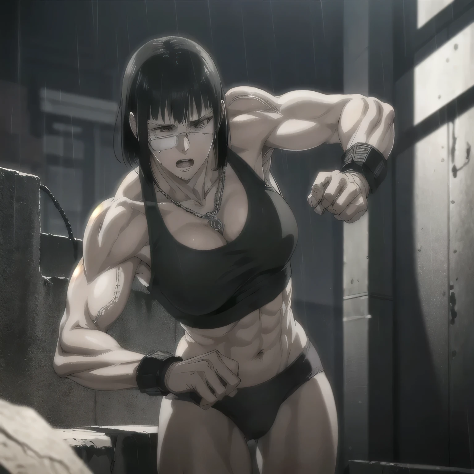 (best quality,ultra-detailed,realistic:1.37),musclaur badass girl with sculpted body with preview her musclaur body and six-pack, full review of the female character's face and body, intense expression,studio lighting, vivid colors, physiologically-based rendering, grungy texture, rugged background, dust particles in the air, commanding presence, professional, powerful, gritty aesthetics,,Valmet،short hair،tattoos on shoulders,,Shining muscles, muscle protrusion,wearing military male gray underwear and gray midriff tank top,necklace,training hard,dick growth inside underwear,Valmet have a dick,An erect dick inside underwear,stand fight position with her muscles and six-pack and growth dick inside underwear,training in The middle of the square,rain,raining,rainy weather