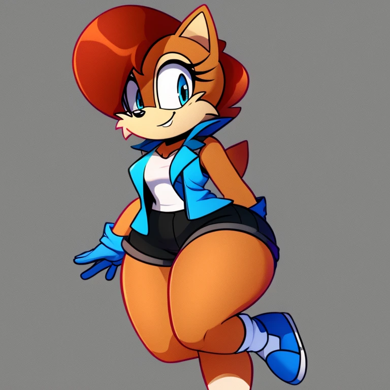 Female, Mobian, Modern version Sally Acorn, smile, small breasts, wearing blue vest, wearing black shorts, has thick thighs, fading away with pixels,