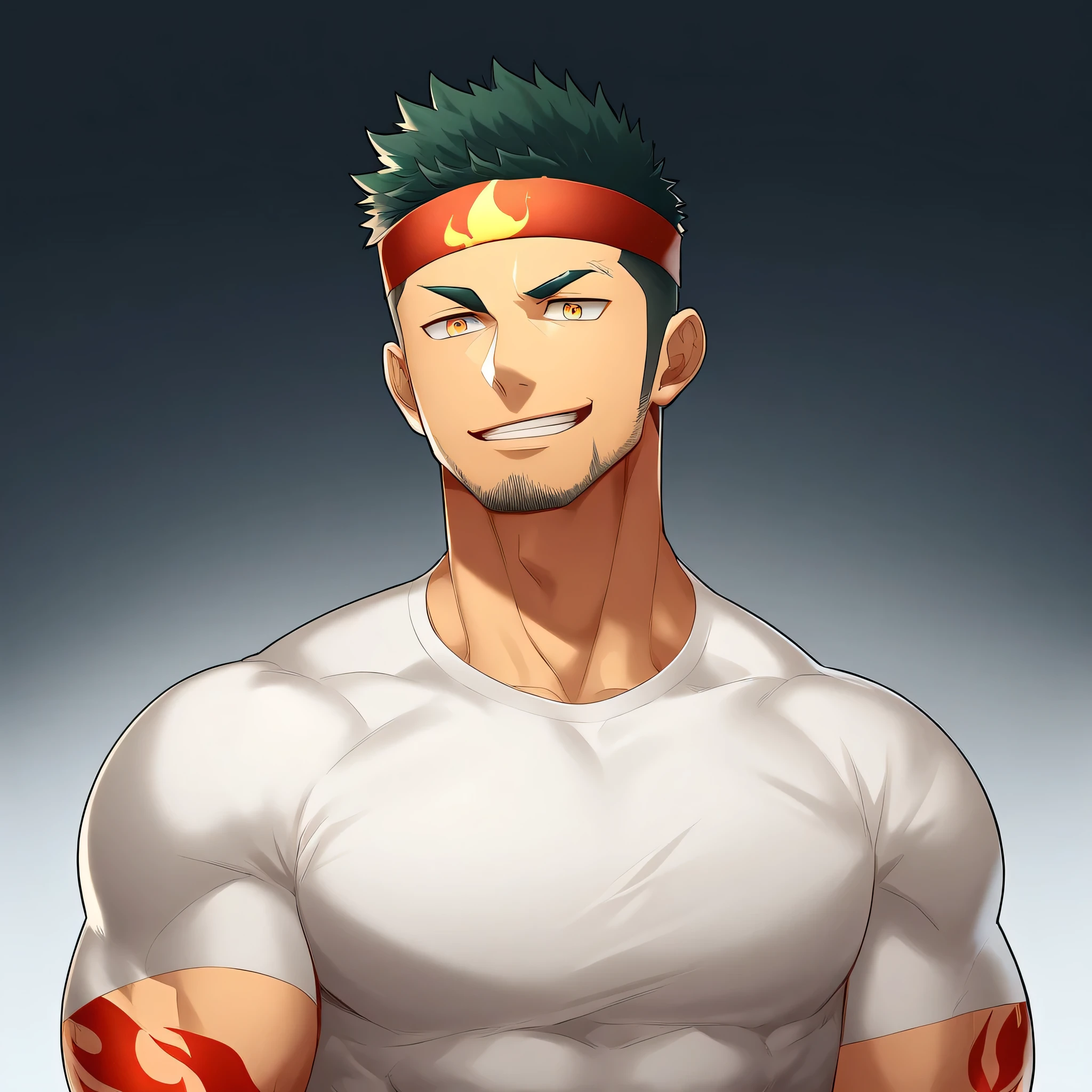 anime characters:Gyee, priapus, ung muscular man, male focus, Flame tattoo, sports Red headband, Creamy white spandex tight T-shirt, muscular male, muscular, only, Upper body, alone, Black short hair, Thick eyebrows, stubble, Yellow eyes, White background, simple background, amazing quality, best aesthetics, Ridiculous, bright pupils, crew cut, naughty face, torogao, parted lips, best quality