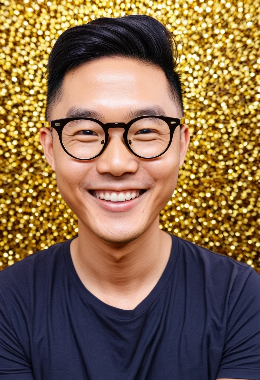 Create an instagram profile picture for a smiling Asian man with black hair and glasses, front view　Background is gold