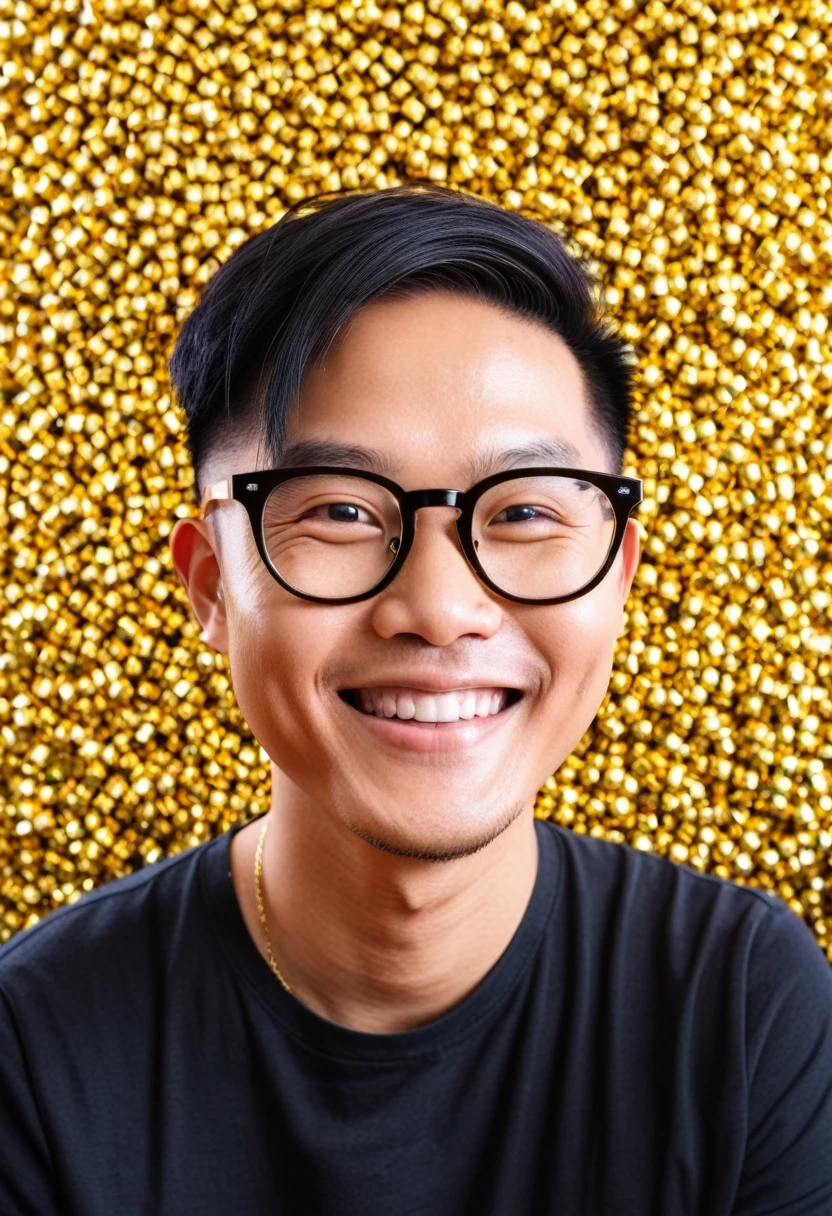 Create an instagram profile picture for a smiling Asian man with black hair and glasses, front view Background is gold