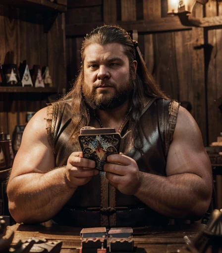 He is sitting facing the viewer Holding his cards with both hands. He looks menacing, Just chubby plump extremely thick thighs (melhor qualidade,4K,8k,high resolution,obra de arte:1.2),ultra-detalhado,realista:1.37,homens,grown-up homens,old homens,fat white muscular homens,cabelo da barriga,large bulges, (((he is in a viking tavern holding magic cards with his hands, he is in a game of magic cards inside a bad tavern, he wears a mystical wizard&#39;s overcoat))). pants,camisa xadrez,barba,nojento,60-year-old homens,family,pai,barriga de urso,terno de abertura. Sentado na beirada da cama. apenas usando sunga no corpo. Looking at the spectator gesturing with his hands. Asking for your hand, pedindo um objeto., Se adequa, vetor, mwvetor