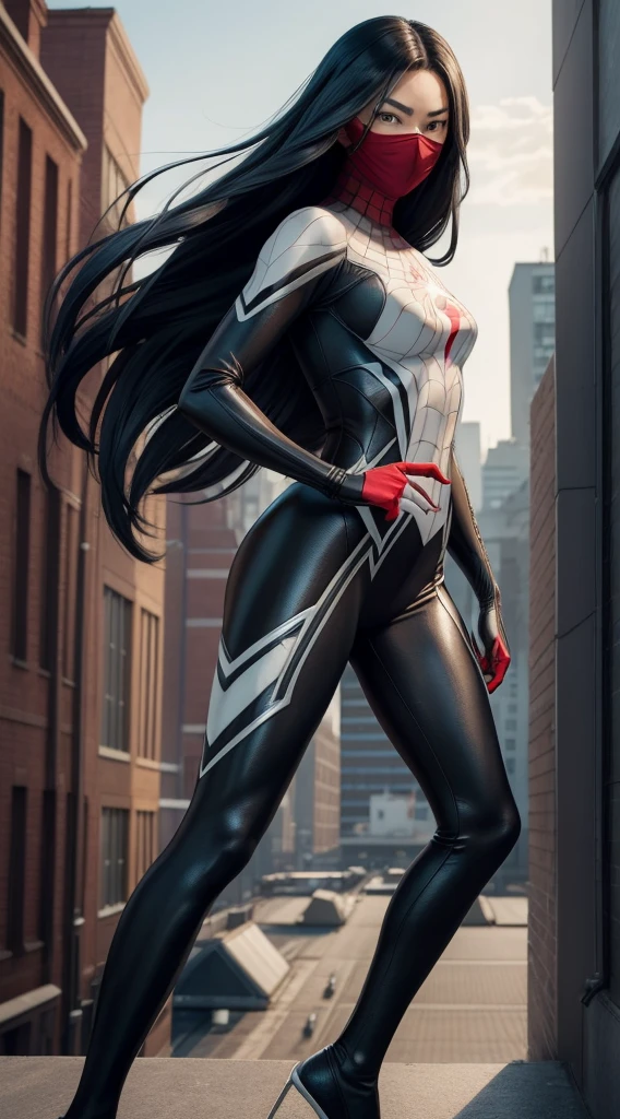 Cindy Moon, Silk, posing on a roof, wears a (black form-fitting spider-man bodysuit) with a sleek, textured (web-like white patterns), the suit covers her entire body, including her arms, legs, and torso, suit includes a (red spider emblem) on the chest, wears a (red mask) that covers her head, leaving only her eyes and mouth exposed, (long, flowing black hair), (full body render), (full body view), fine detail, hyper realistic, HD, 4K, definition, texture, perfect detail, perfect face, beautiful, hyperrealism, trending on artstation