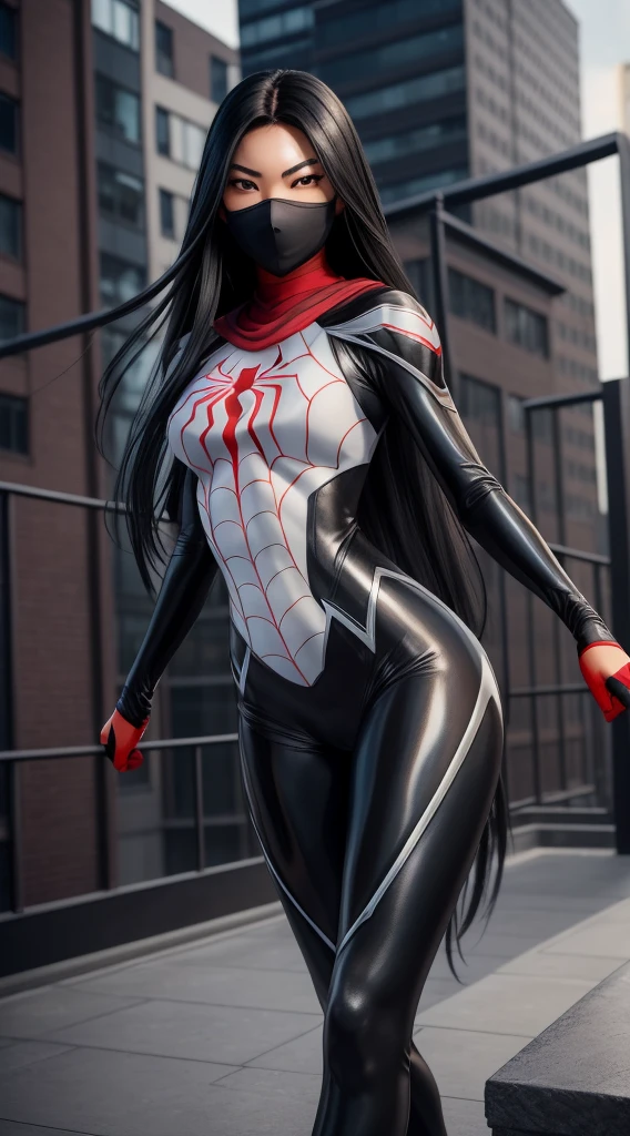 Cindy Moon, Silk, posing on a roof, wears a (black form-fitting spider-man bodysuit) with a sleek, textured (web-like white patterns), the suit covers her entire body, including her arms, legs, and torso, suit includes a (red spider emblem) on the chest, wears a (red mask) that covers her head, leaving only her eyes and mouth exposed, (long, flowing black hair), (full body render), (full body view), fine detail, hyper realistic, HD, 4K, definition, texture, perfect detail, perfect face, beautiful, hyperrealism, trending on artstation