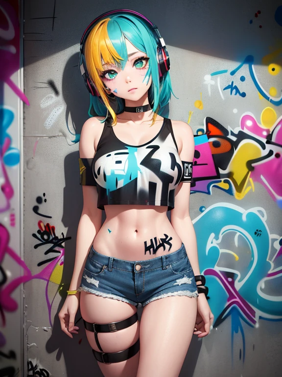 masterpiece, best quality, 1girl, solo, crop top, denim shorts, choker, (graffiti:1.5), paint splatter, arms behind back, against wall, looking at viewer, armband, thigh strap, paint on body, head tilt, bored, multicolored hair, aqua eyes, headset,