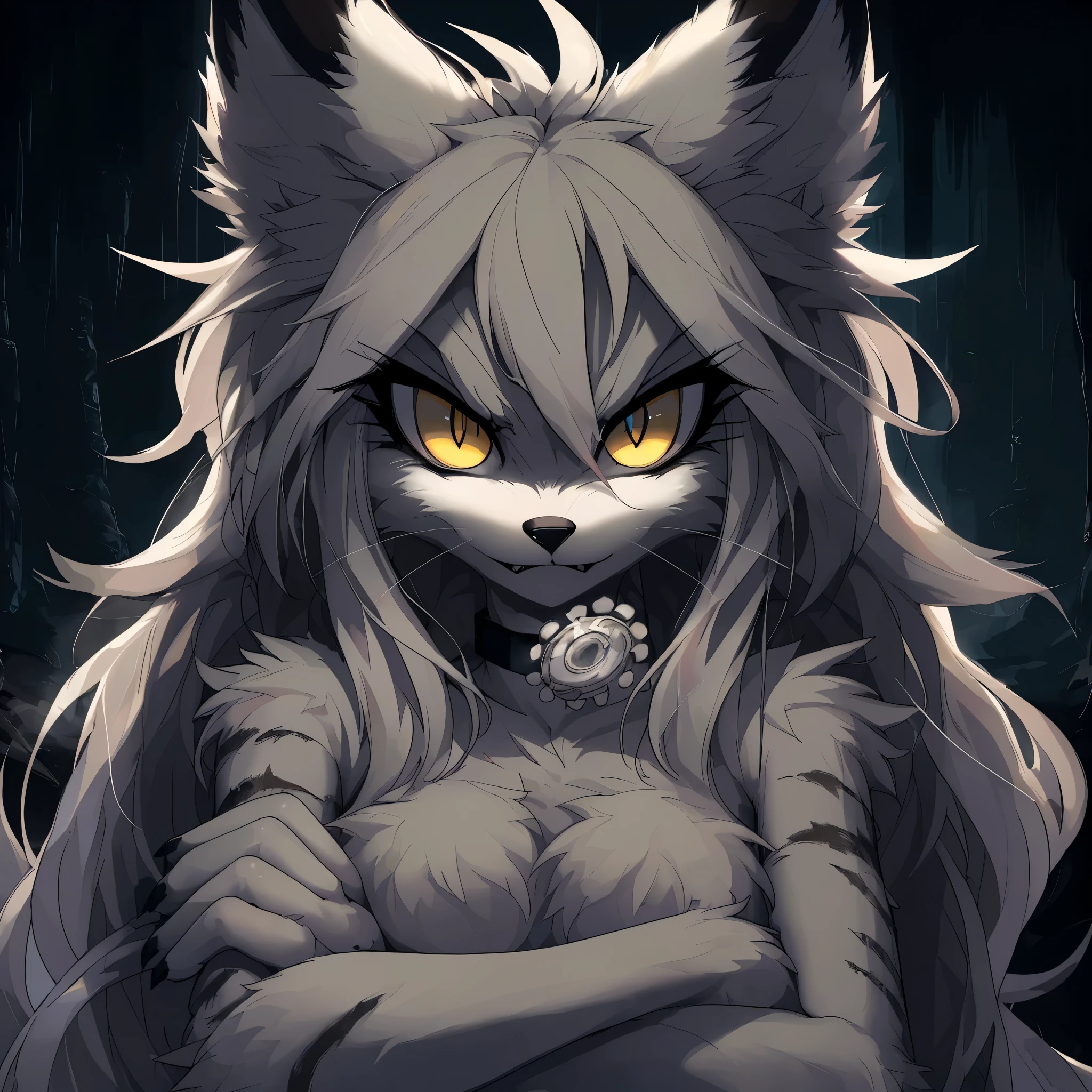 anthropomorphic furry cat character kemono style, slim femboy body, with large yellow glaring eyes, strong angry expression, long white hair, with white fur, arms crossed, the tips of his ears are black, choker with a stone carved in the shape of a virus, focus on bright eyes , frozen dark environment background, anime, digital painting, neytirix style