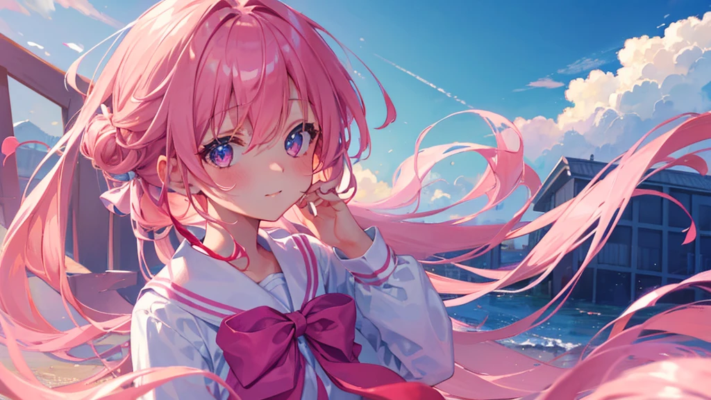 girl with pink hair, hair tied, love eyes, happy girl, ribbon her head, school royal dress, cute sky, 8k resolution, detail