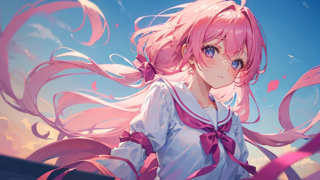 girl with pink hair, hair tied, love eyes, happy girl, ribbon her head, school royal dress, cute sky, 8k resolution, detail