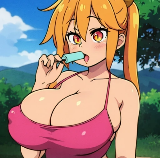 Tohru, ojos detallados, cuerpo completo, Licking Popsicle, Cleavage Bulge