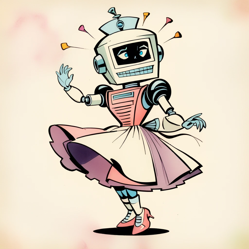 Rosie the Robot in a maid outfit, (vintage comic, The Jetsons style reference) dancing stanky boogie, 1960's rich color grading for shading depth, 1940's watercolor background