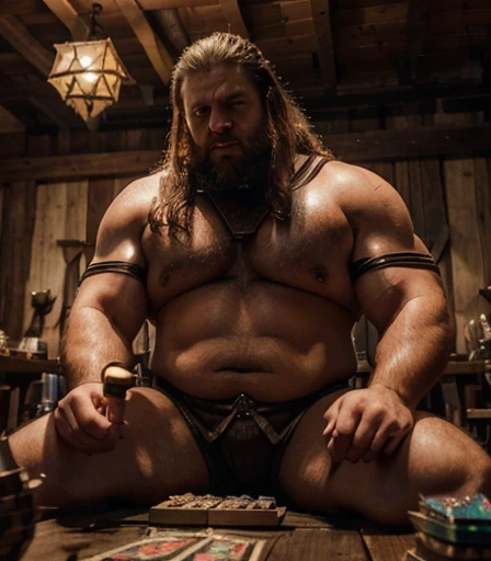 He is sitting facing the viewer Holding his cards with both hands. He looks menacing, Just chubby plump extremely thick thighs (melhor qualidade,4K,8k,high resolution,obra de arte:1.2),ultra-detalhado,realista:1.37,homens,grown-up homens,old homens,fat white muscular homens,cabelo da barriga,large bulges, (((he is in a viking tavern holding magic cards with his hands, he is in a game of magic cards inside a bad tavern, he wears a mystical wizard's overcoat))). pants,camisa xadrez,barba,nojento,60-year-old homens,family,pai,barriga de urso,terno de abertura. Sentado na beirada da cama. apenas usando sunga no corpo. Looking at the spectator gesturing with his hands. Asking for your hand, pedindo um objeto., Se adequa, vetor, mwvetor