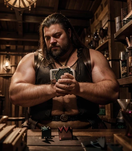 He is sitting facing the viewer Holding his cards with both hands. He looks menacing, Just chubby plump extremely thick thighs (melhor qualidade,4K,8k,high resolution,obra de arte:1.2),ultra-detalhado,realista:1.37,homens,grown-up homens,old homens,fat white muscular homens,cabelo da barriga,large bulges, (((he is in a viking tavern holding magic cards with his hands, he is in a game of magic cards inside a bad tavern, he wears a mystical wizard's overcoat))). pants,camisa xadrez,barba,nojento,60-year-old homens,family,pai,barriga de urso,terno de abertura. Sentado na beirada da cama. apenas usando sunga no corpo. Looking at the spectator gesturing with his hands. Asking for your hand, pedindo um objeto., Se adequa, vetor, mwvetor