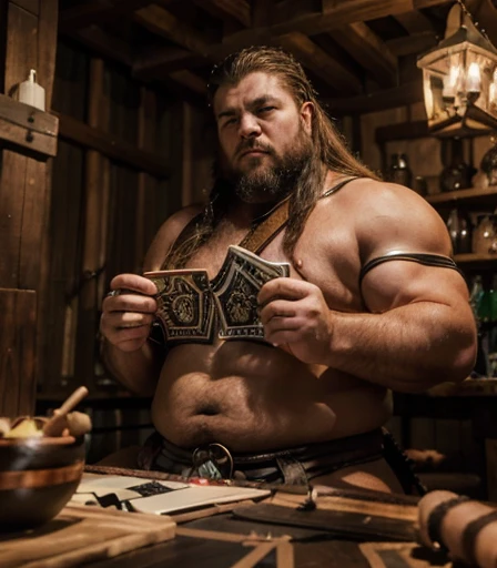 He is sitting facing the viewer Holding his cards with both hands. He looks menacing, Just chubby plump extremely thick thighs (melhor qualidade,4K,8k,high resolution,obra de arte:1.2),ultra-detalhado,realista:1.37,homens,grown-up homens,old homens,fat white muscular homens,cabelo da barriga,large bulges, (((he is in a viking tavern holding magic cards with his hands, he is in a game of magic cards inside a bad tavern, he wears a mystical wizard's overcoat))). pants,camisa xadrez,barba,nojento,60-year-old homens,family,pai,barriga de urso,terno de abertura. Sentado na beirada da cama. apenas usando sunga no corpo. Looking at the spectator gesturing with his hands. Asking for your hand, pedindo um objeto., Se adequa, vetor, mwvetor