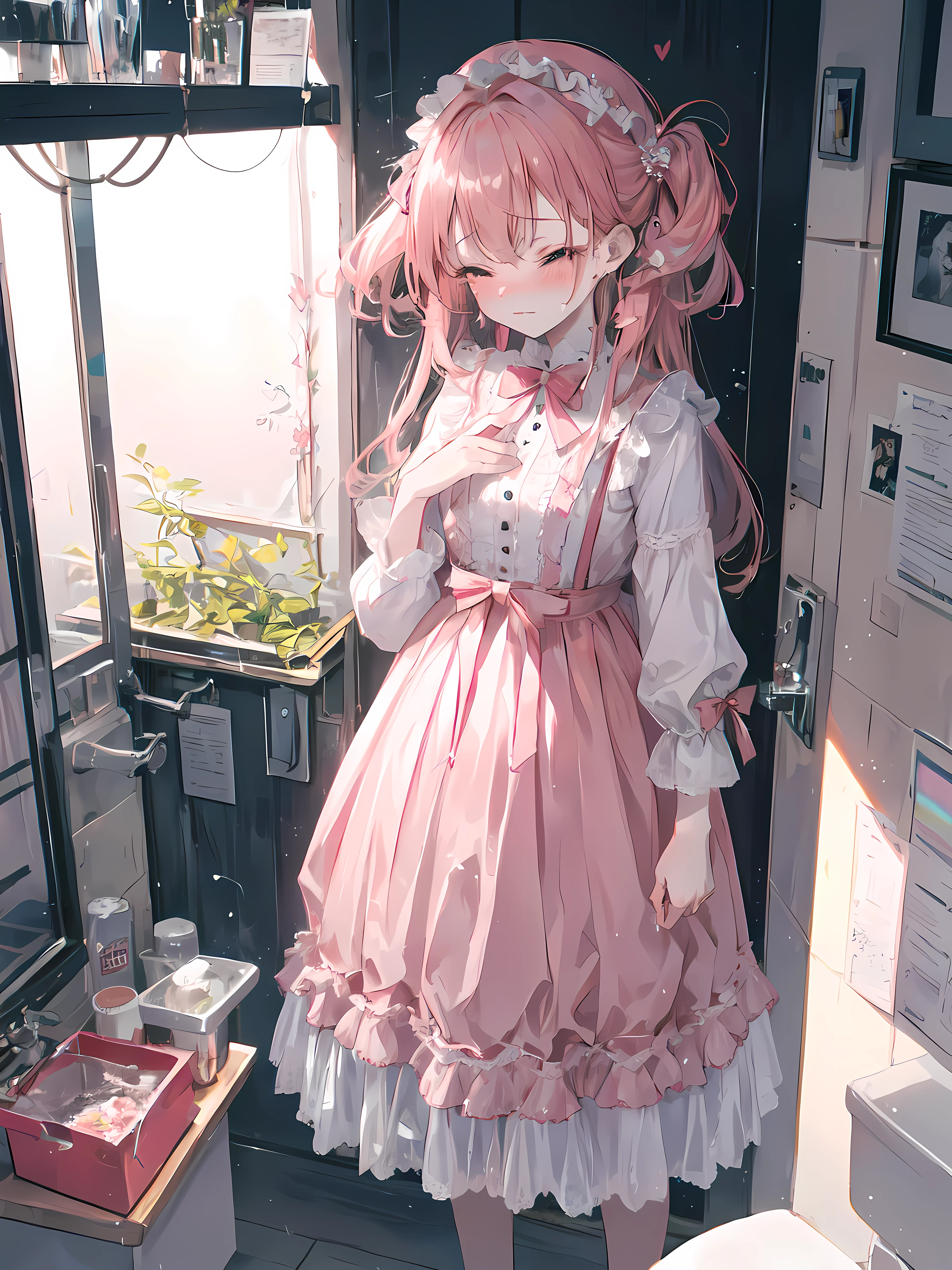((absurderes)), ((masutepiece)), (Best quality), (Lens flare), (Ultra-detailed), (Beautiful), ((Cute girl)), Solo, Beautiful face, White skin, masutepiece, (10 years old: 1.3), Cute pink hair, (Girl in cute dress、A girl goes to the toilet、 standing, is crying, closing her eyes, Tears from the eyes, embarrassed from, Blushing), A street(The girl is peeing: 1.2),