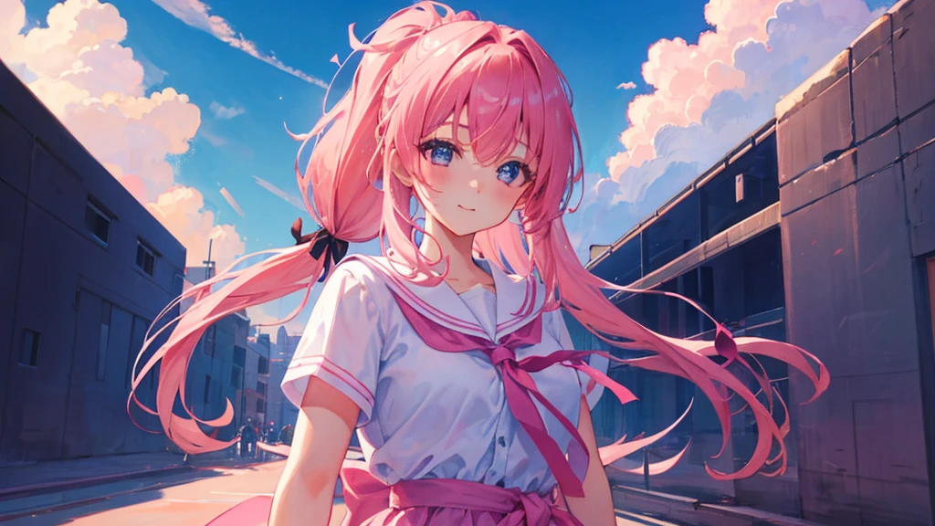 girl with pink hair, hair tied, love eyes, happy girl, ribbon her head, school royal dress, cute sky, 8k resolution, detail