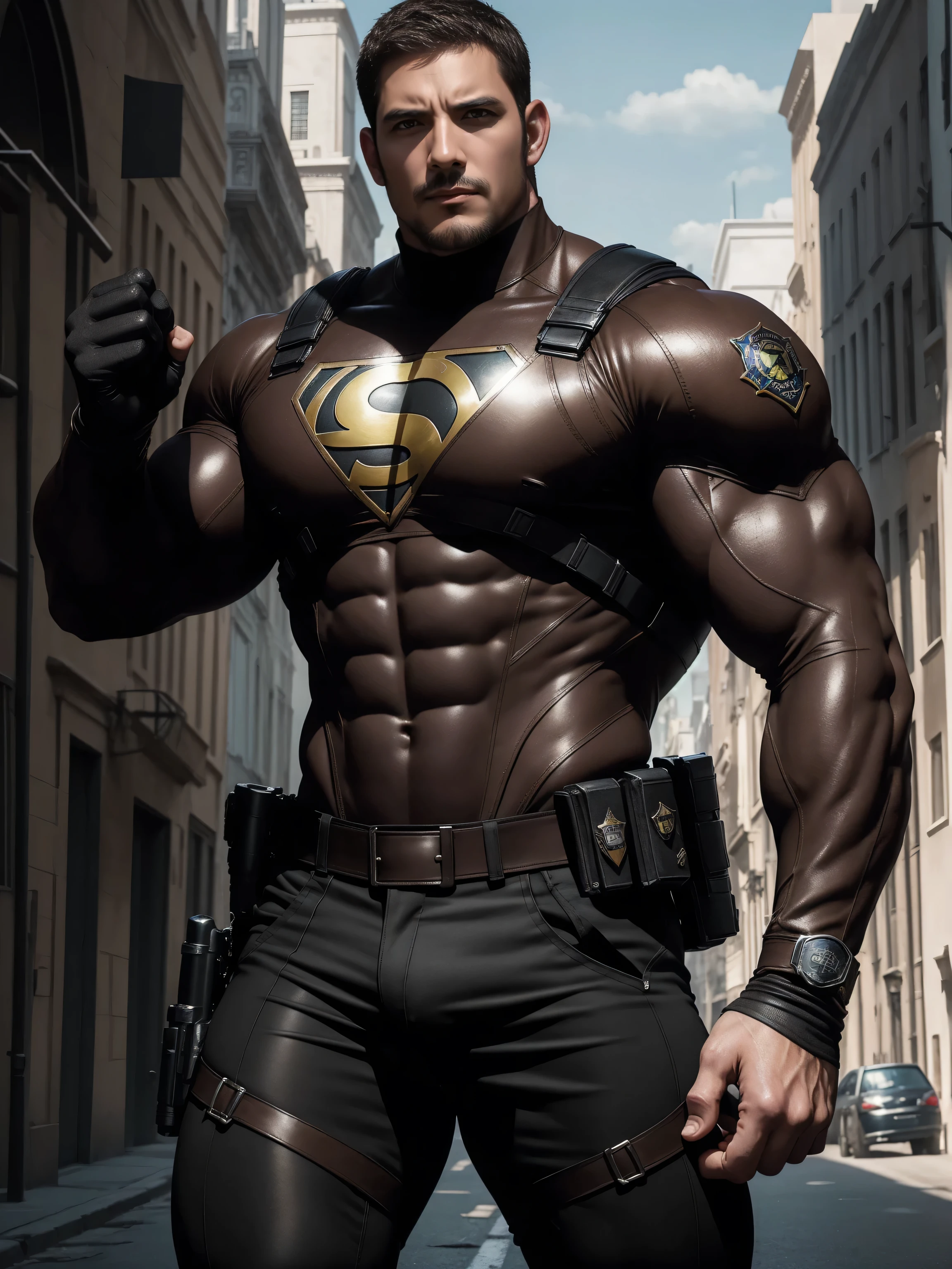 Angry super muscular man, Buzz Cut,On the old-style outdoor street under the hot sun, Wear a long-sleeved dark brown superhero marble tights, Marble texture,The expression is arrogant, Thick thighs, Coarse short hair, Thick thighs, Turtleneck Long Sleeve Dark Brown Superhero Bodysuit, very tight, Regular symmetrical pattern, Highlight muscles, Police uniform pants, character concept(Resident Evil - Chris Redfield, Chris Redfield)A proud expression, Deep and charming eyes, Heroic male pose, tall Burly, muscular!muscular thighs, tough guy, perfect facial features, High, Burly, Heqiang, Super polished and cool, High Resolution Committee, Charismatic, The sun is blazing, dazzling
