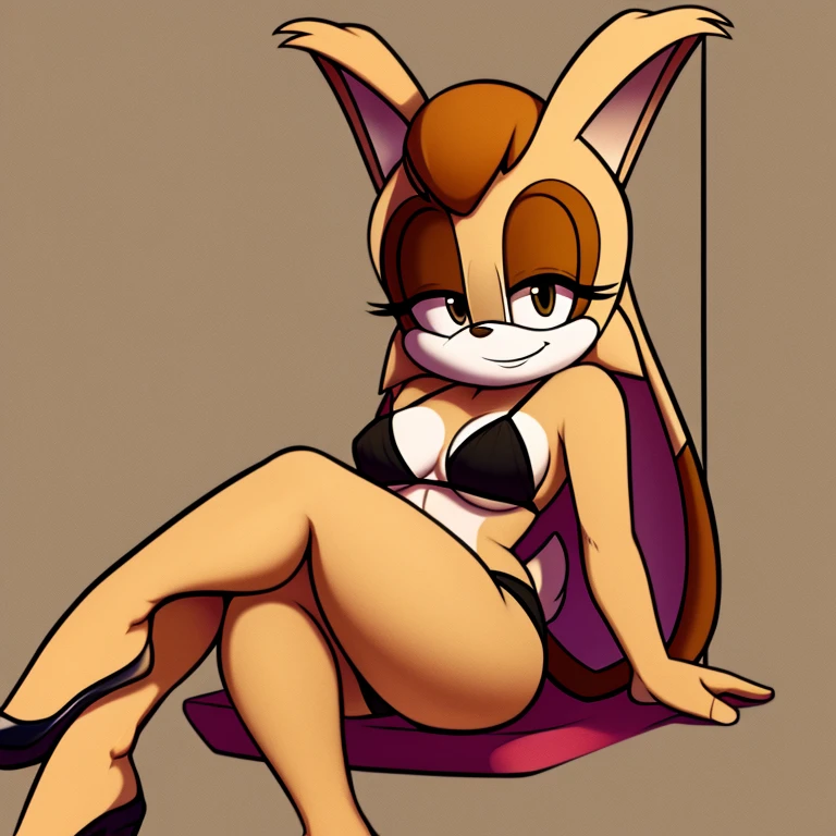 Female, Mobian, Vanilla the rabbit, smile, small breasts, wearing black bikini, has thick thighs, on crossed legs, doing a pin up pose,