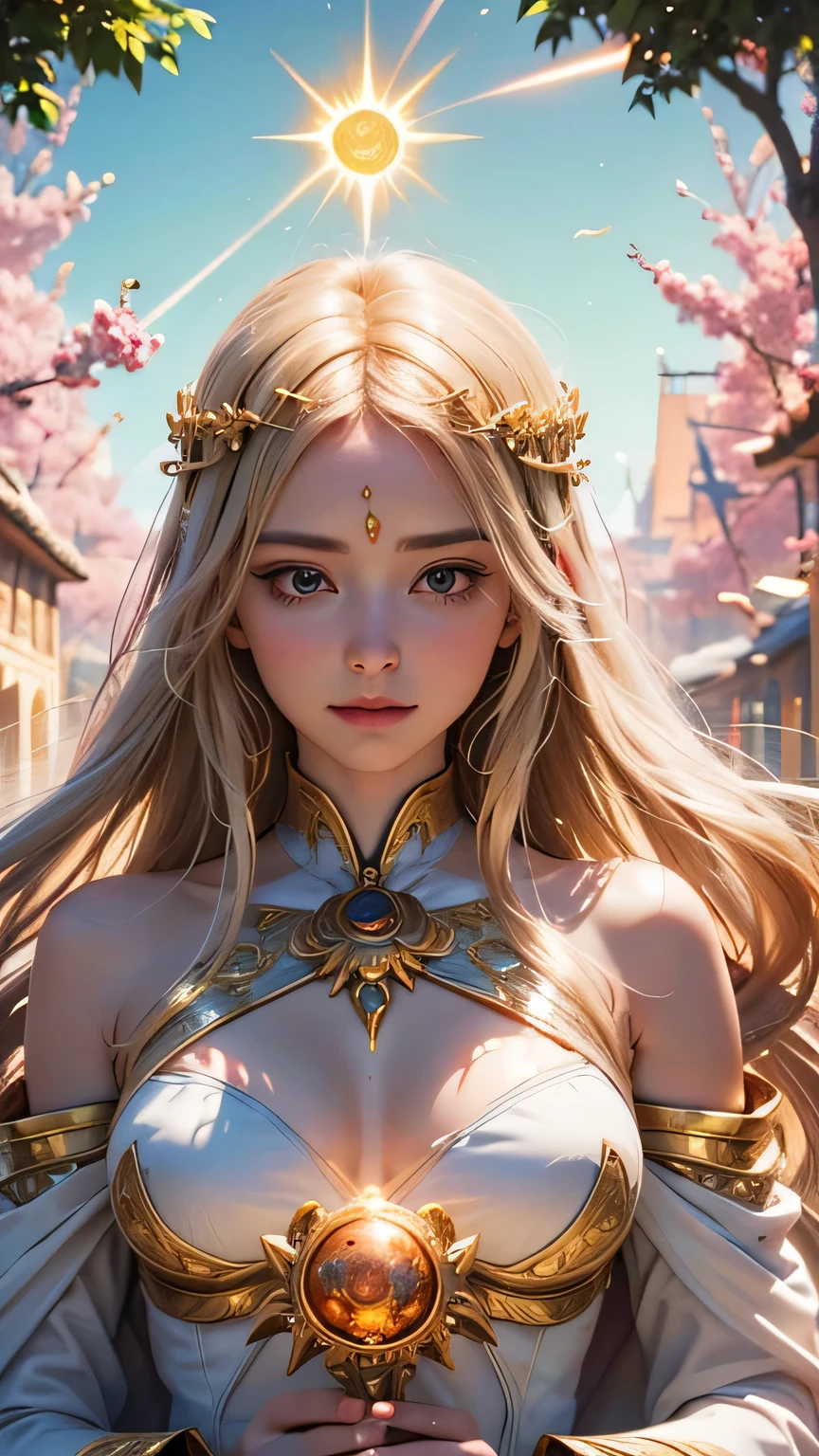 "Maiden of the Sun": Within a sacred sanctuary bathed in sunlight, depict the figure of a sun goddess, facing forward and emanating divine radiance, with golden hair, as she gazes towards us. Zoom in to focus on her face, with light orbs gleaming in her hands, representing the life-giving power of the sun. The background should be predominantly pink, evoking a sense of divine splendor. The setting is in heaven, enveloped in soft, bright light, where one can find tranquility and peace of mind, free from any trace of anxiety. Additionally, the light emanating from her hands should take the form of radiant hearts, resting gently on the palm of her hands.