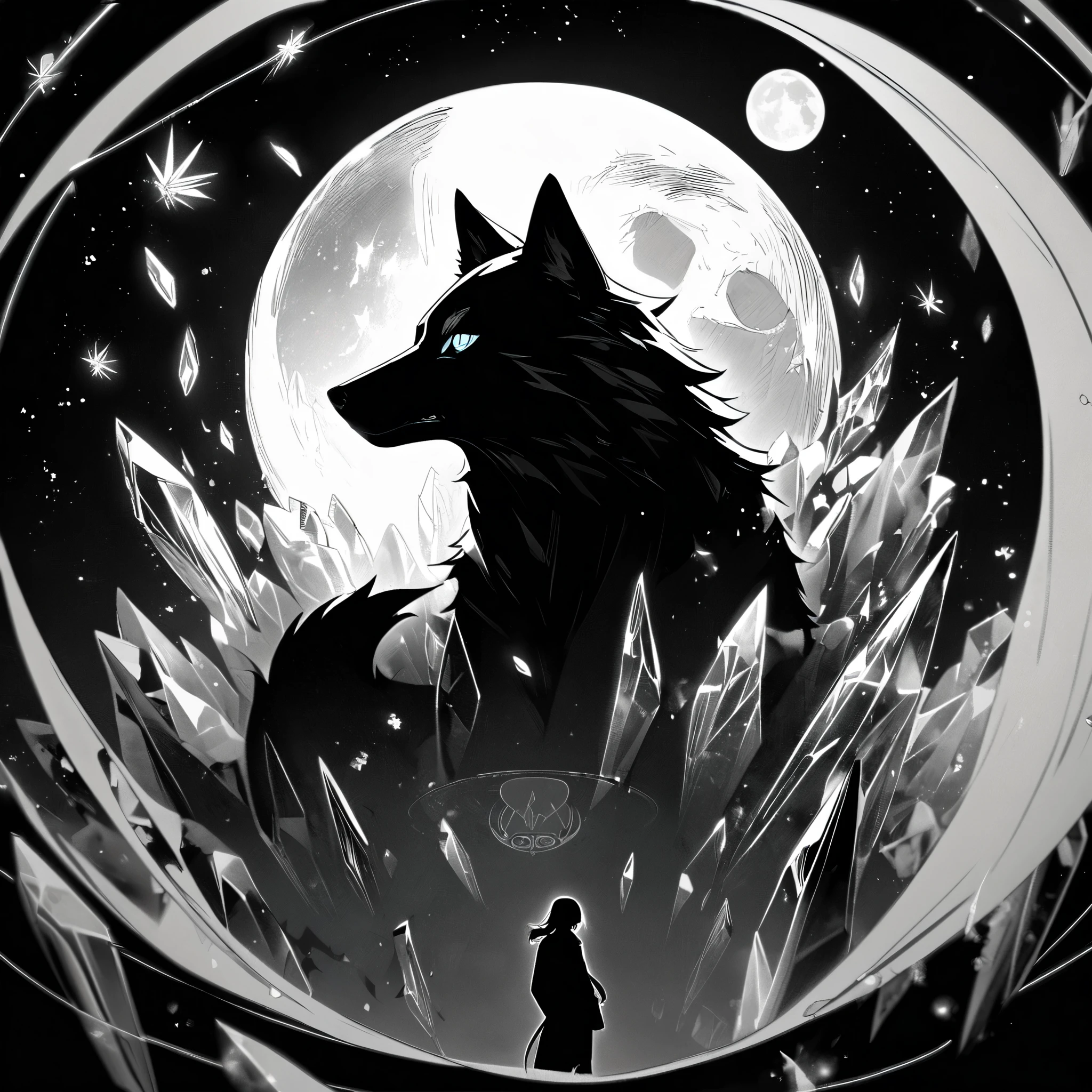 simple, monochrome, symbol logo, facial profile, 8k, a wolf, crystals floating in a circle, moon, starry